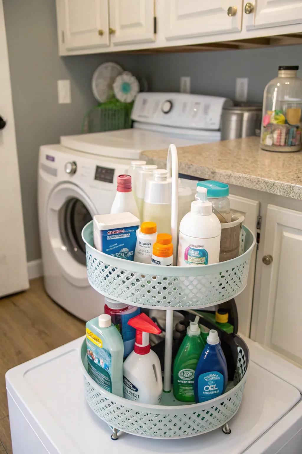 A well-organized laundry room with a lazy susan for detergents.