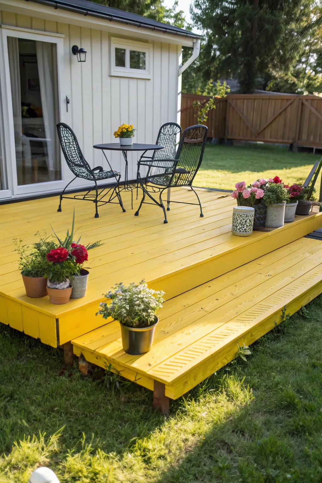 Brighten up your outdoor space with a splash of color—this sunny yellow deck is pure joy!