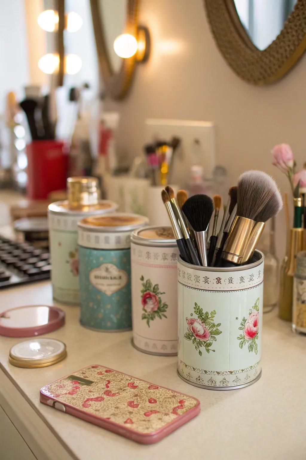 Vintage tea tins bring nostalgia and charm to brush storage.