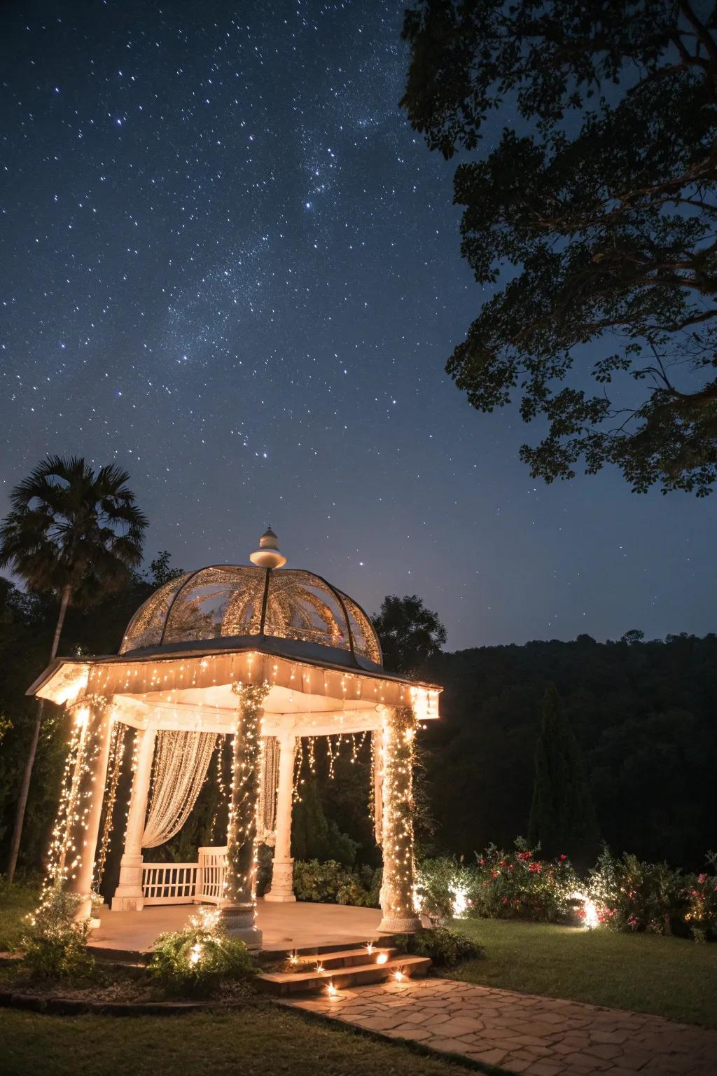 Fairy lights create an enchanting glow for a nighttime mandap.