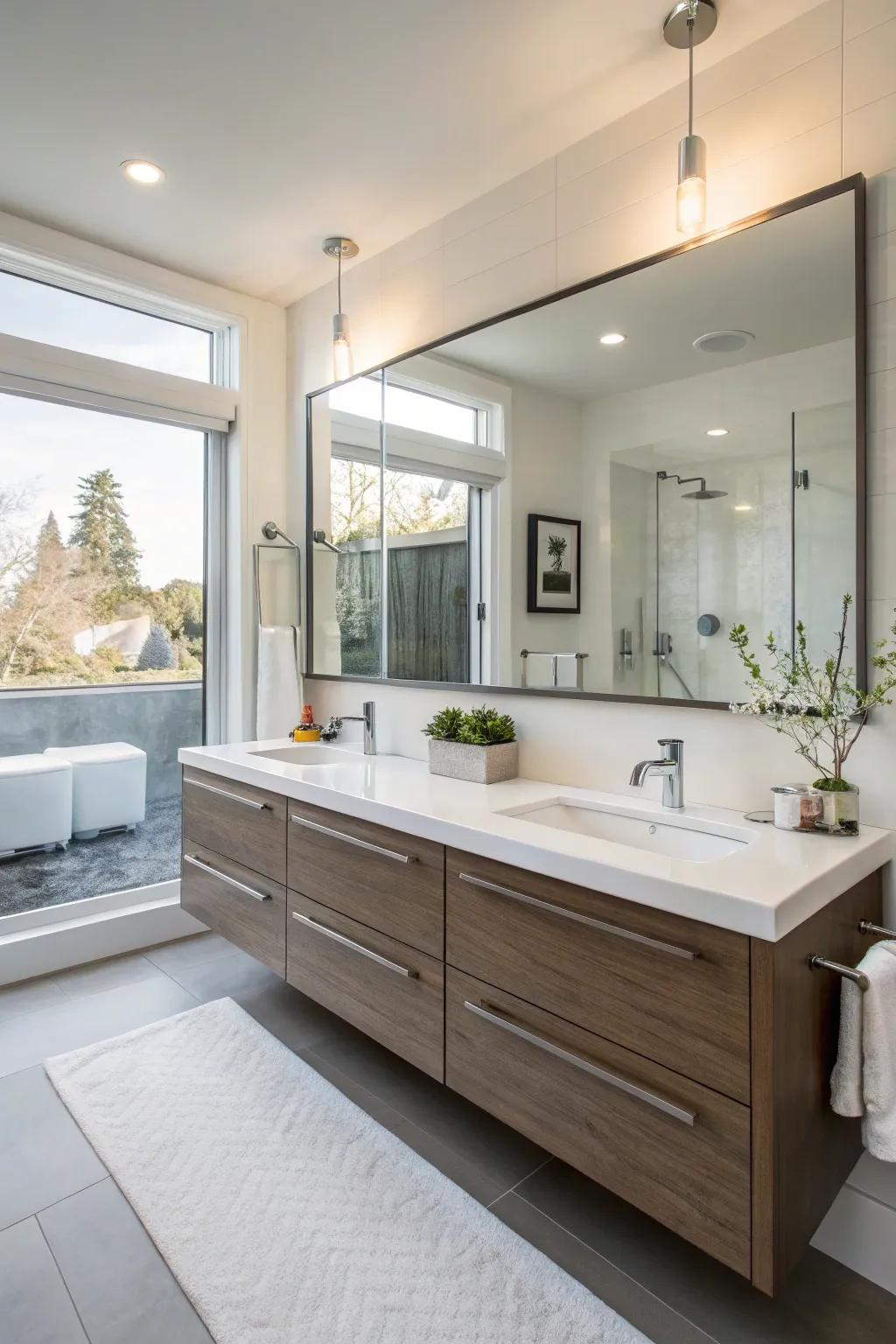 Floating vanities provide a modern touch and maximize floor space.