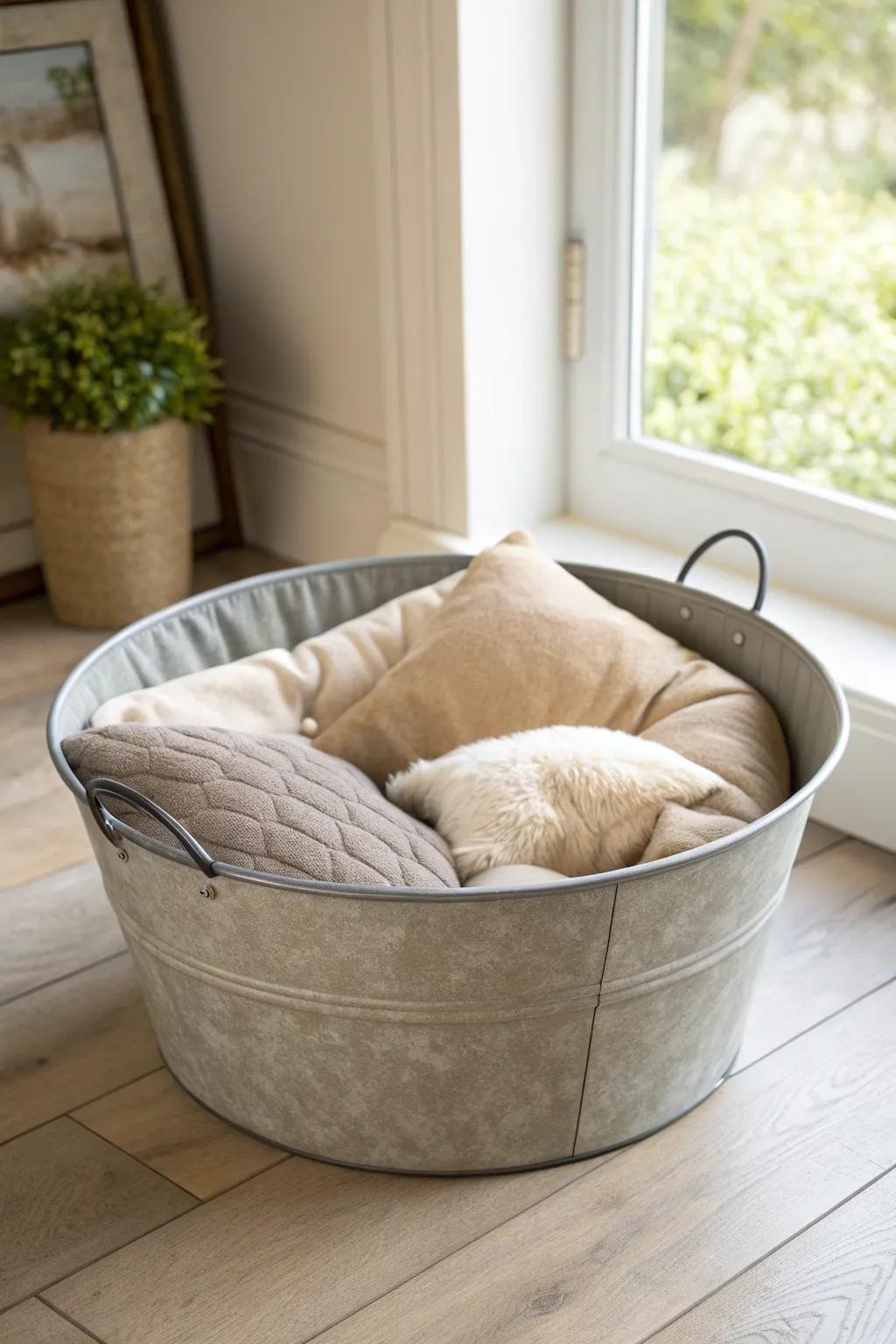 Elevate your pet's nap time with this chic, minimalist bucket bed. A perfect blend of Scandinavian simplicity and Boho charm.