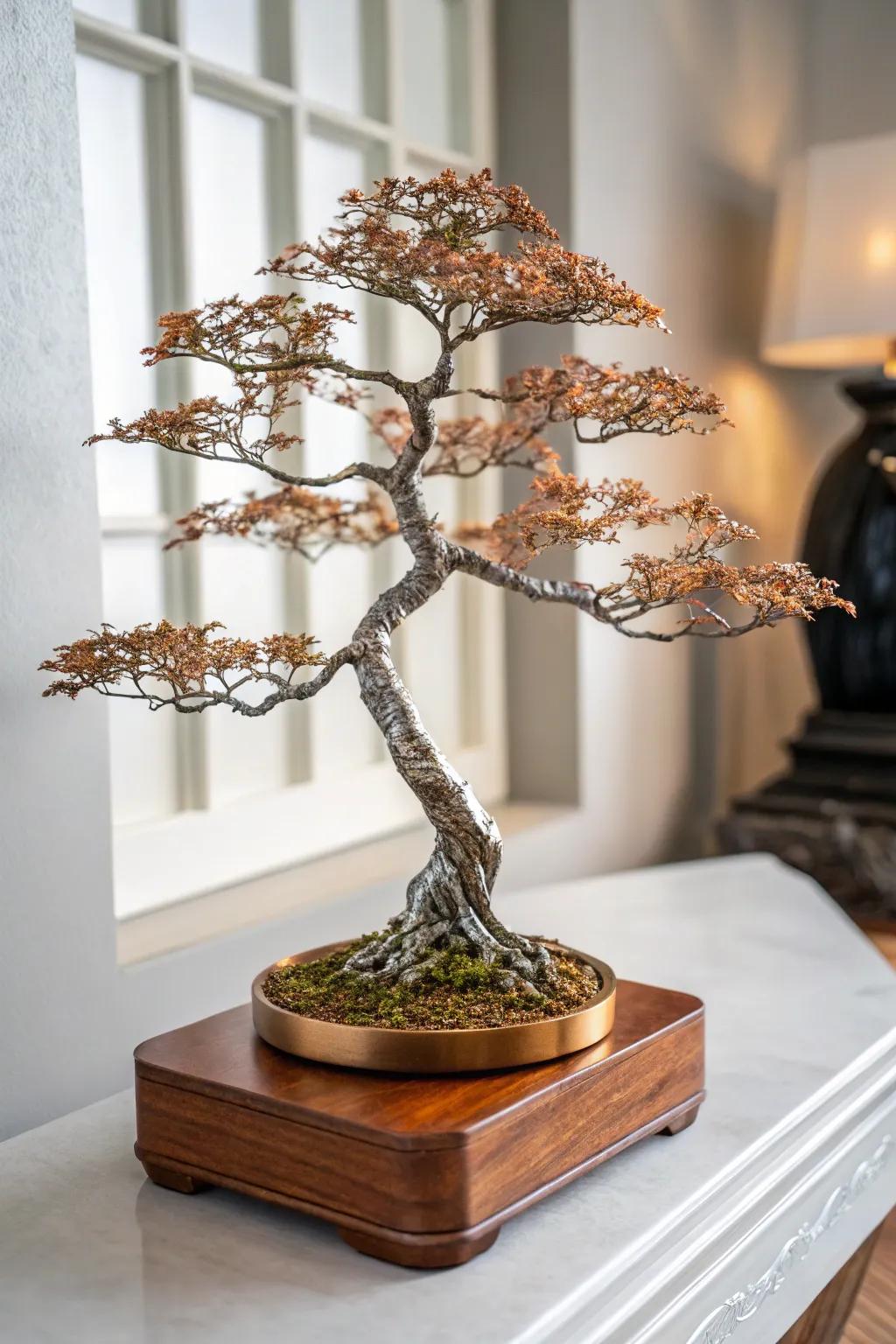 Elevate your space with the art of metal: a scrap metal bonsai tree that blends craftsmanship with zen aesthetics.