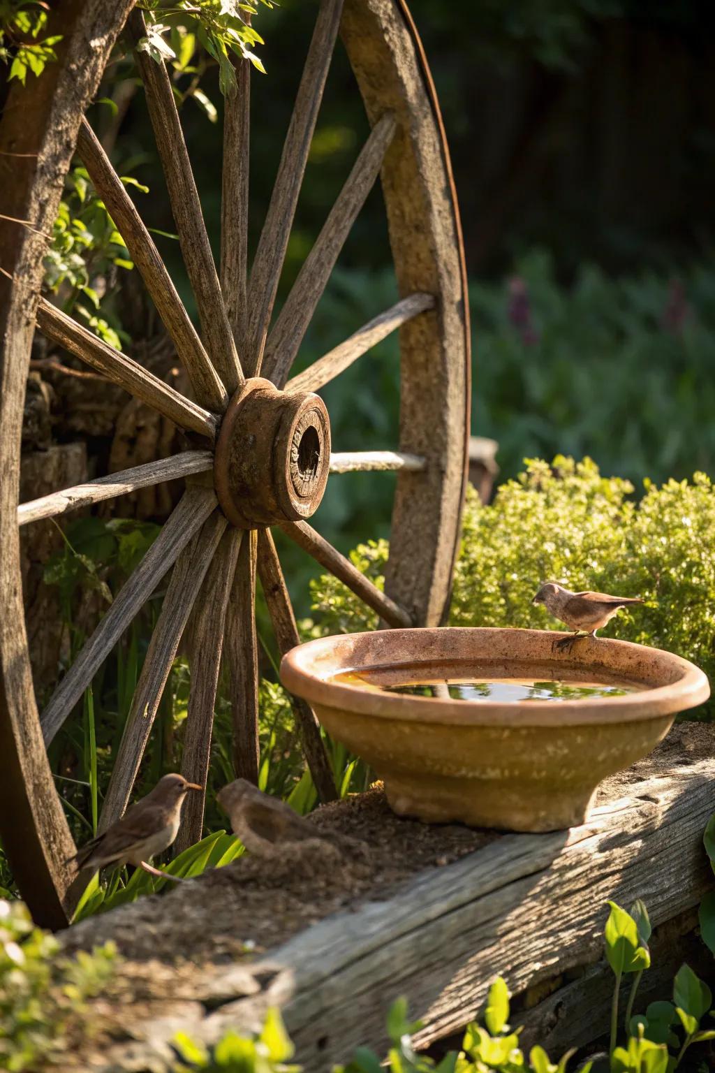 Elevate your garden with a wagon wheel bird bath – where rustic meets nature's elegance.