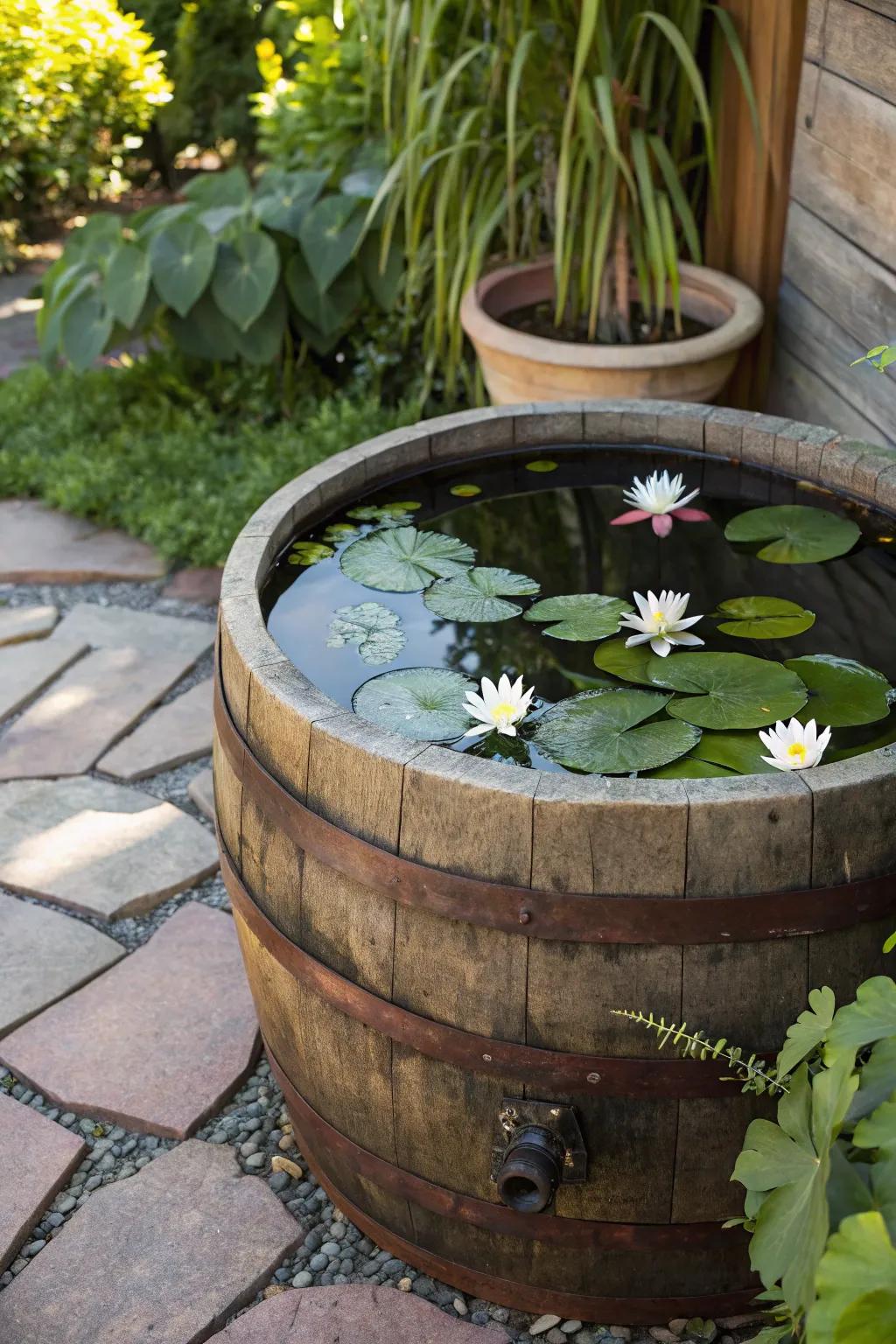Transform your garden with a charming upcycled wine barrel pond.