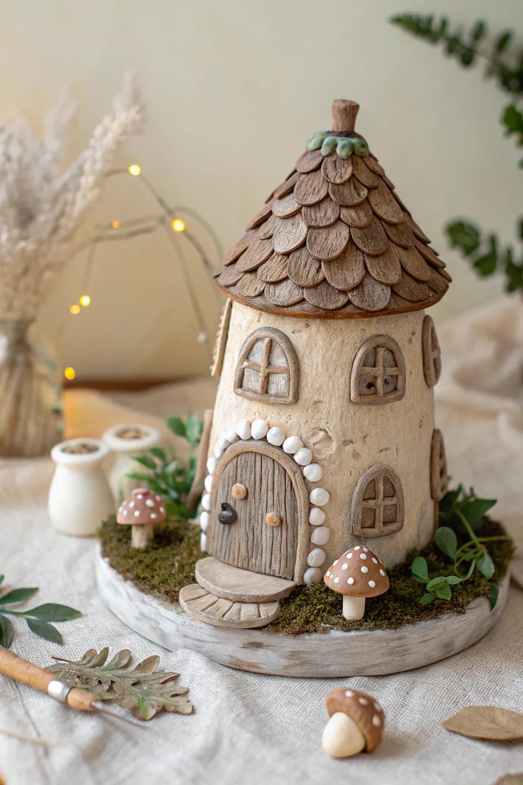 Unlock your imagination with this enchanting clay fairy house, where craftsmanship meets whimsical charm.