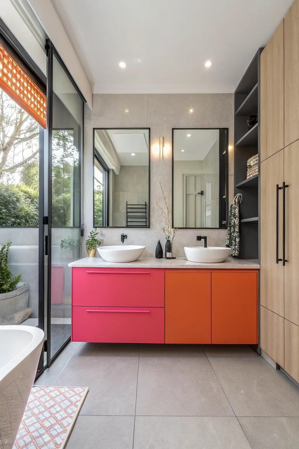 Vibrant cabinet colors add energy and focus to modern bathrooms.