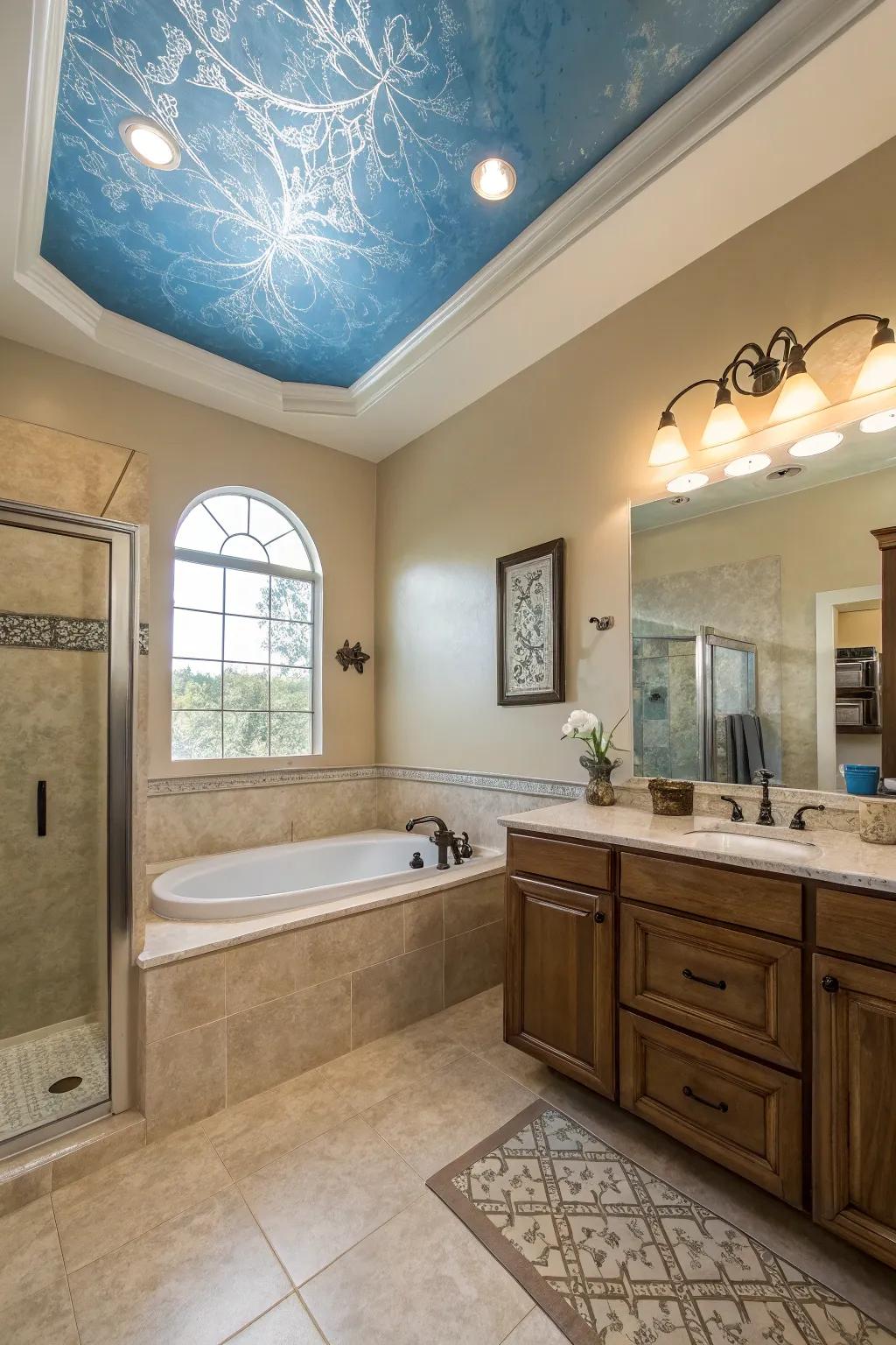 A soft blue ceiling creates an airy and tranquil atmosphere in this serene bathroom.