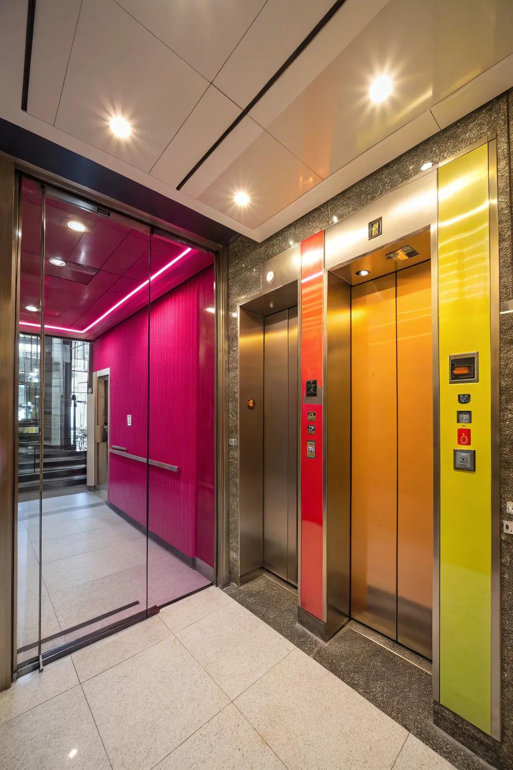 An elevator interior with vibrant color accents for added energy.