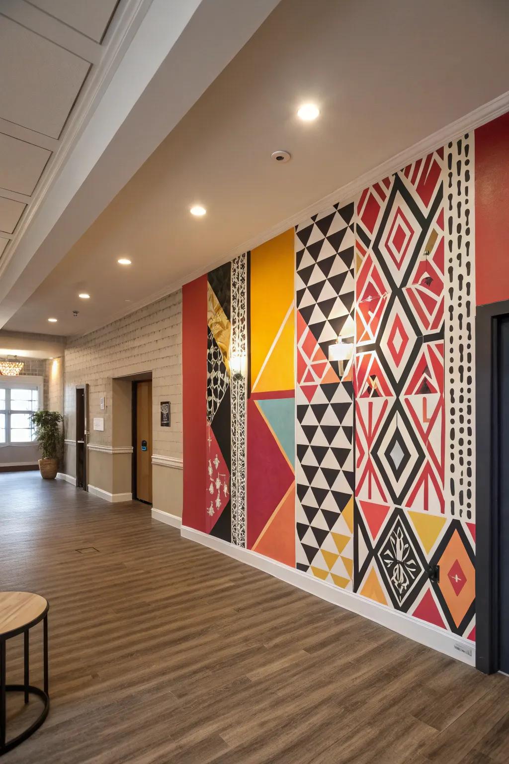 An accent wall adds a bold statement to this modern foyer.