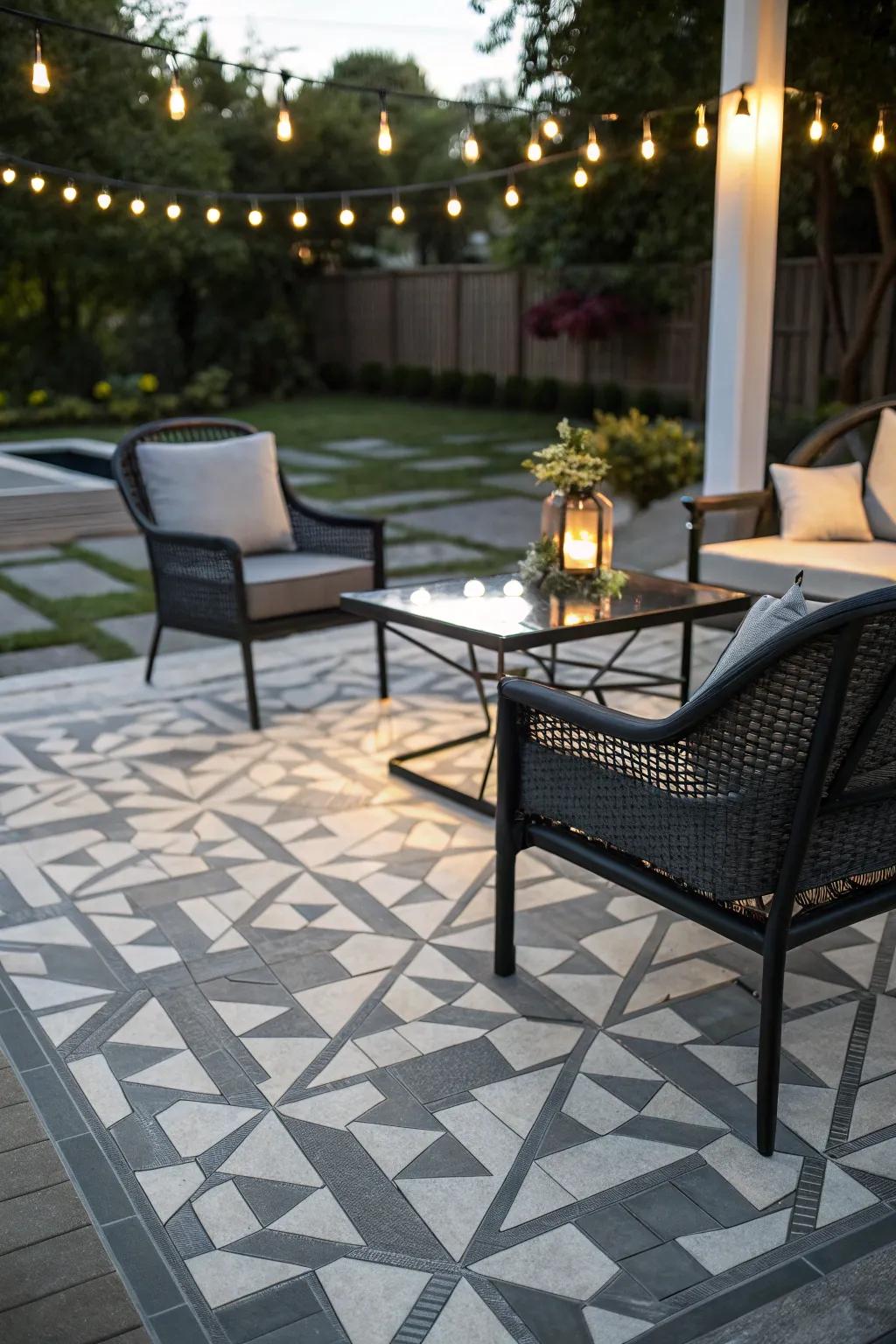 Geometric patterns add visual intrigue to patios.
