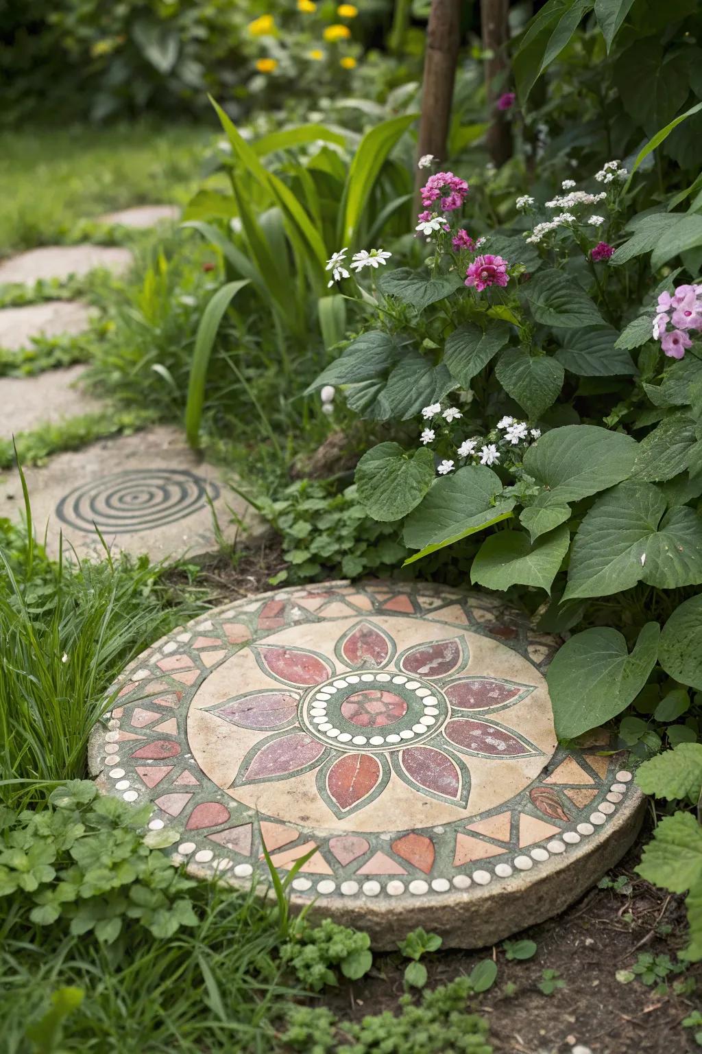 Step into nature's art gallery with this stunning mosaic stone pathway.