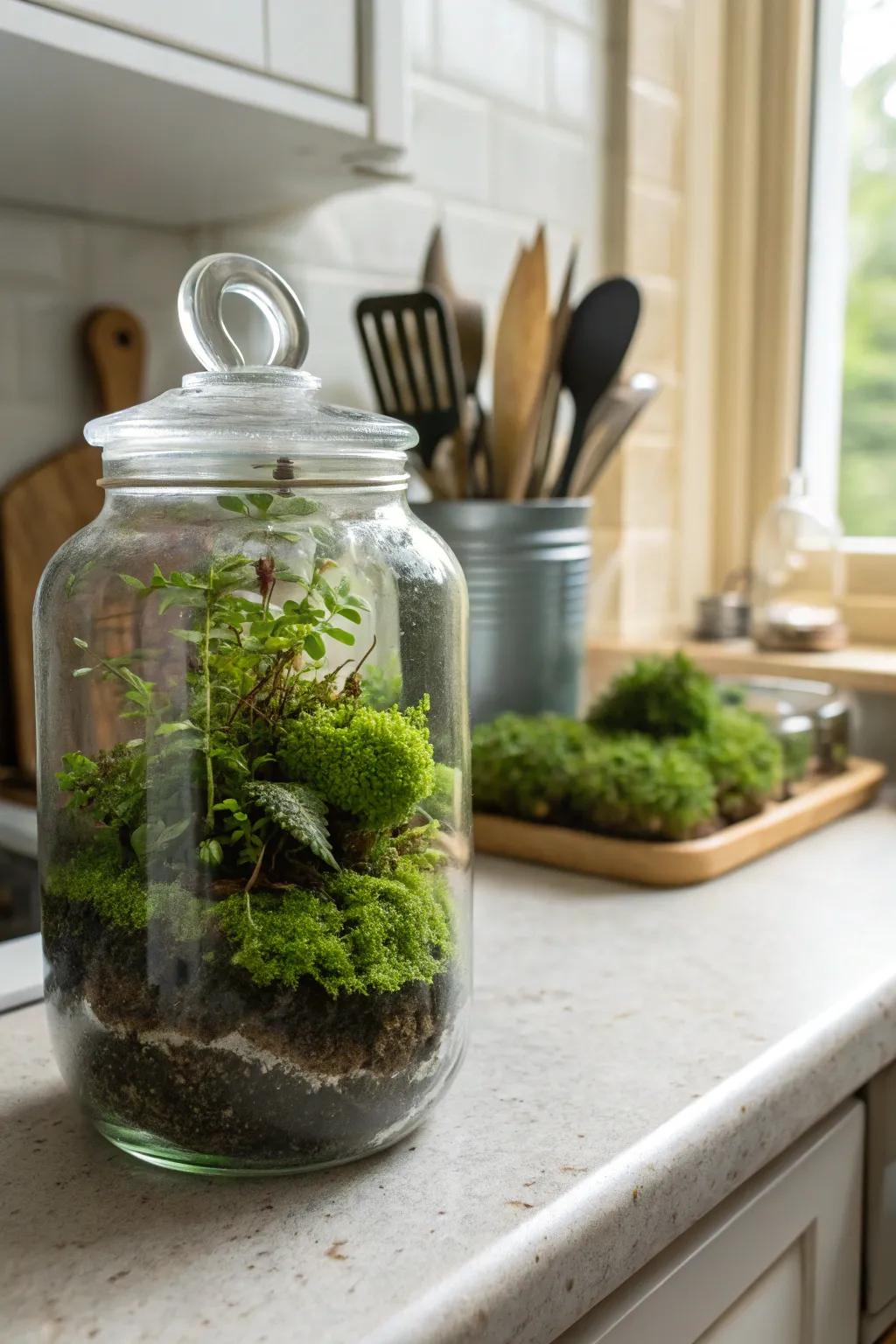 A charming mason jar moss terrarium for a touch of nature.