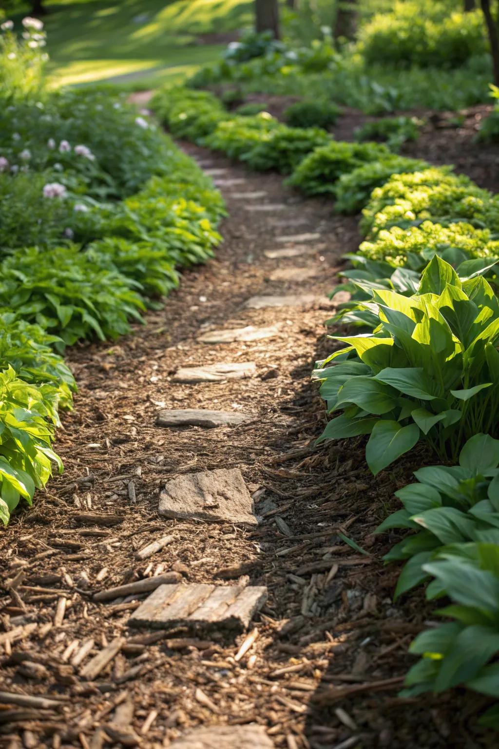 Transform your walkways with the perfect blend of mulch and greenery for a natural, serene garden path.