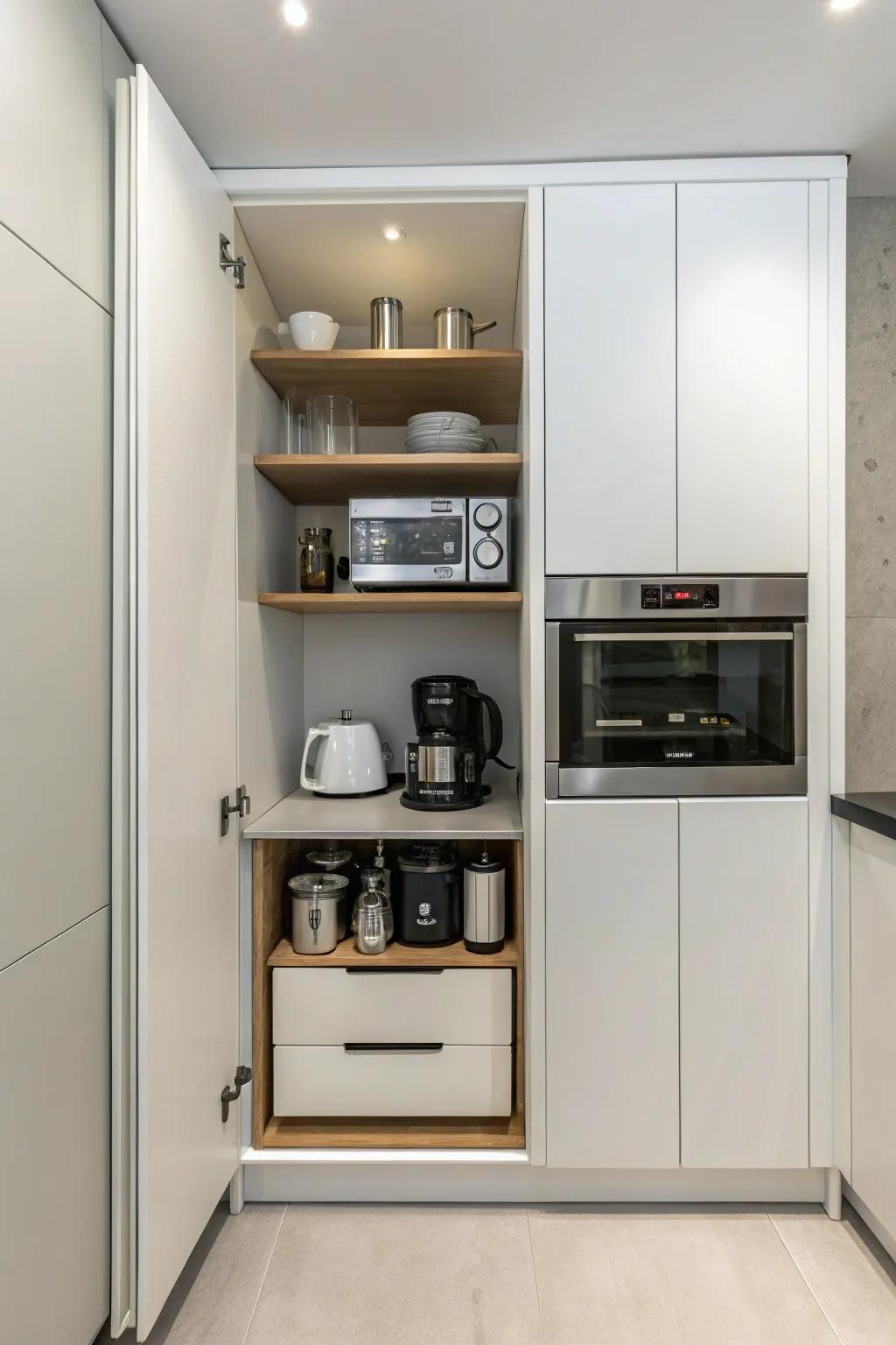 A narrow cabinet concealing small appliances for a clutter-free kitchen.