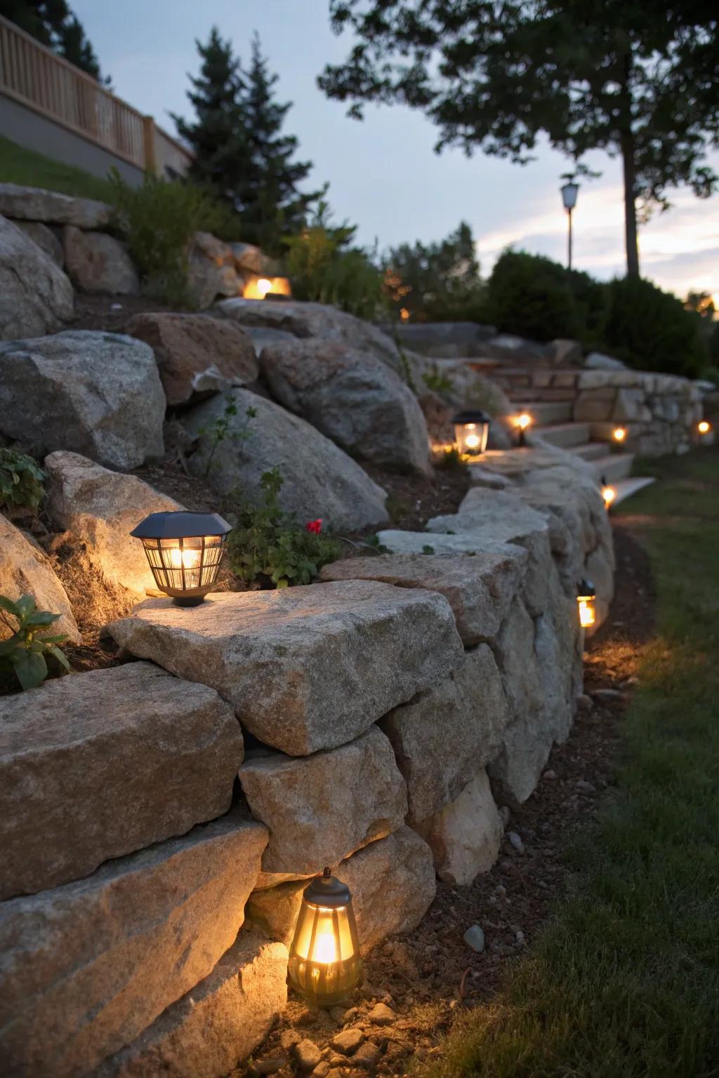 Transform your garden with enchanting lighting woven into a natural rock wall.