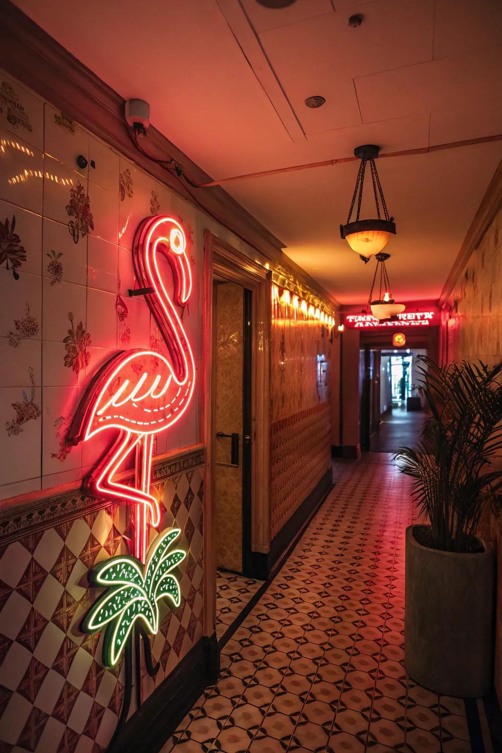 A retro neon flamingo sign brings vintage charm to a hallway.