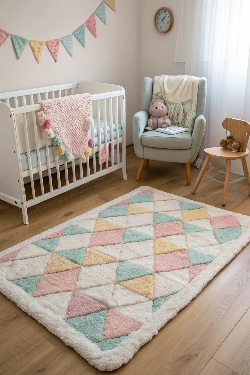 A soft rug adds comfort and style to the nursery nook.