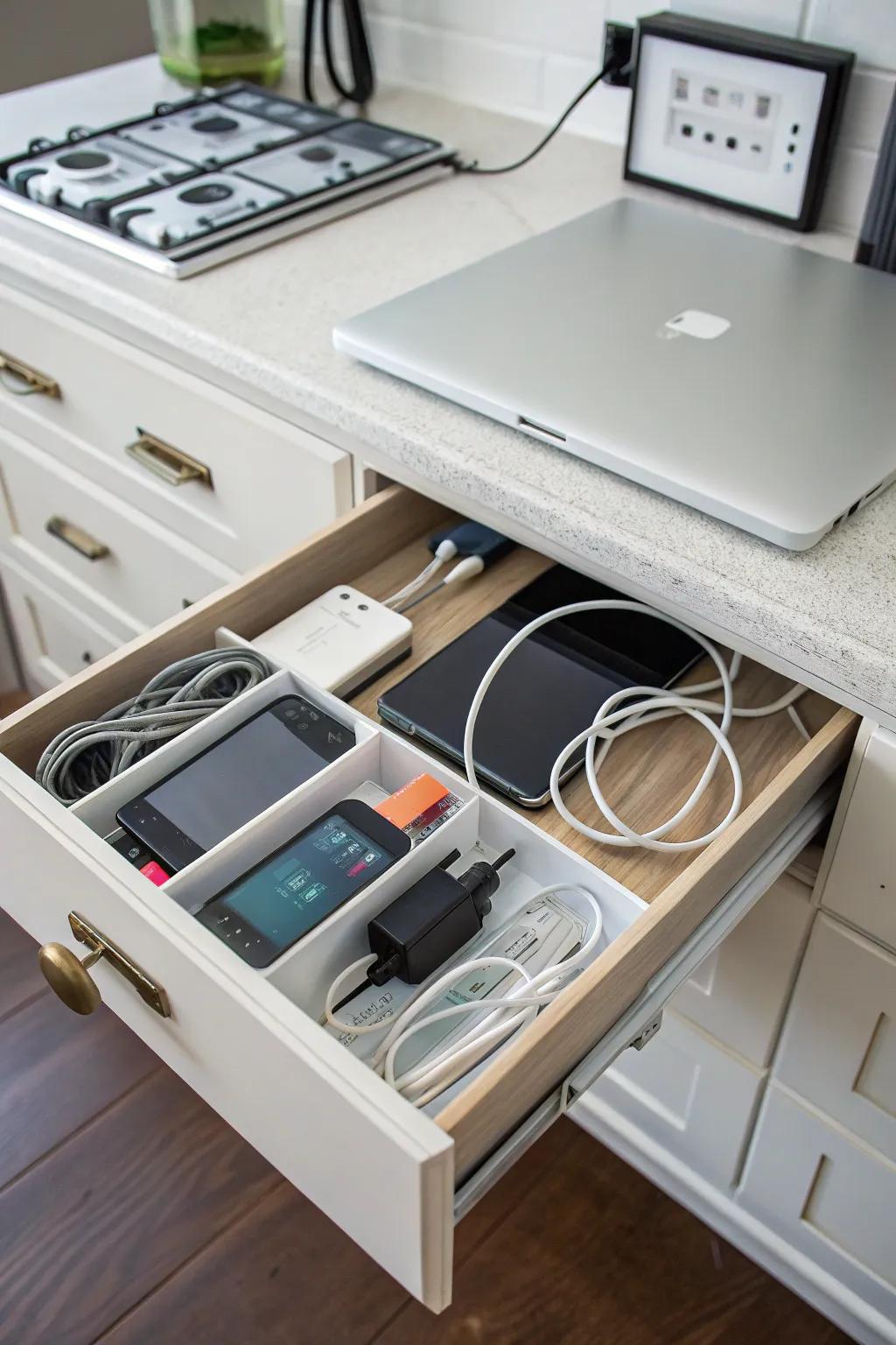 A drawer charging station keeps your devices ready to go.