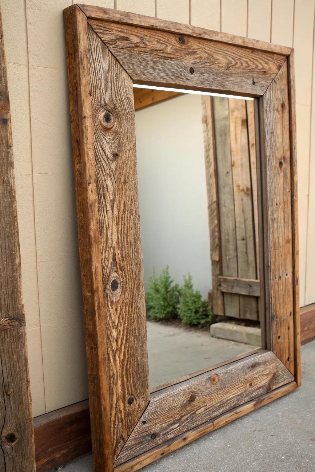 Transform your space with a rustic mirror framed in vintage wood—add warmth and character to any room.