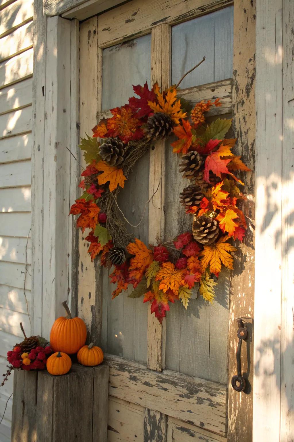 Transform your porch with a seasonal wreath display that exudes rustic charm and warmth.
