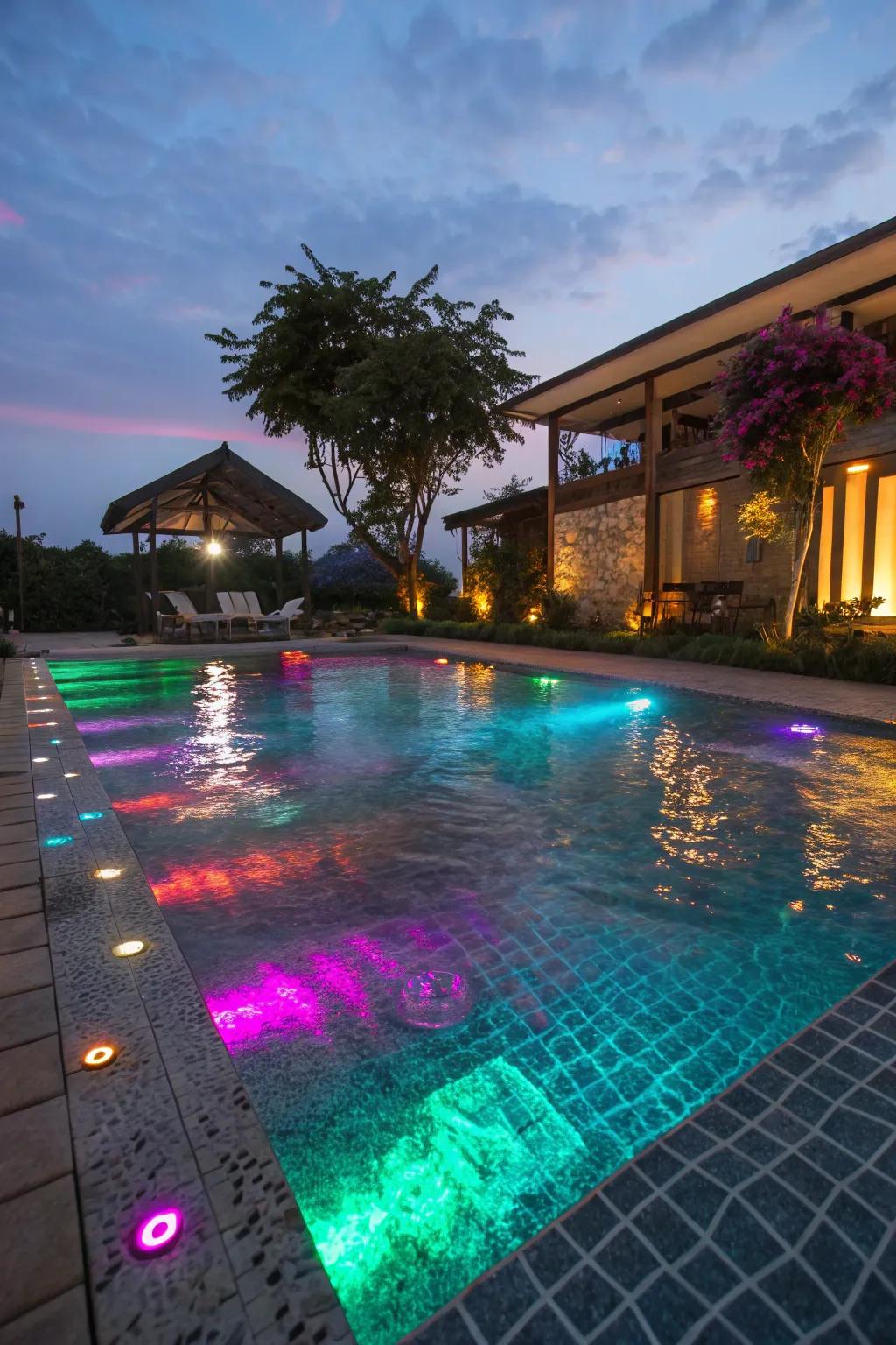 Vibrant solar underwater lights add magic to your pool.