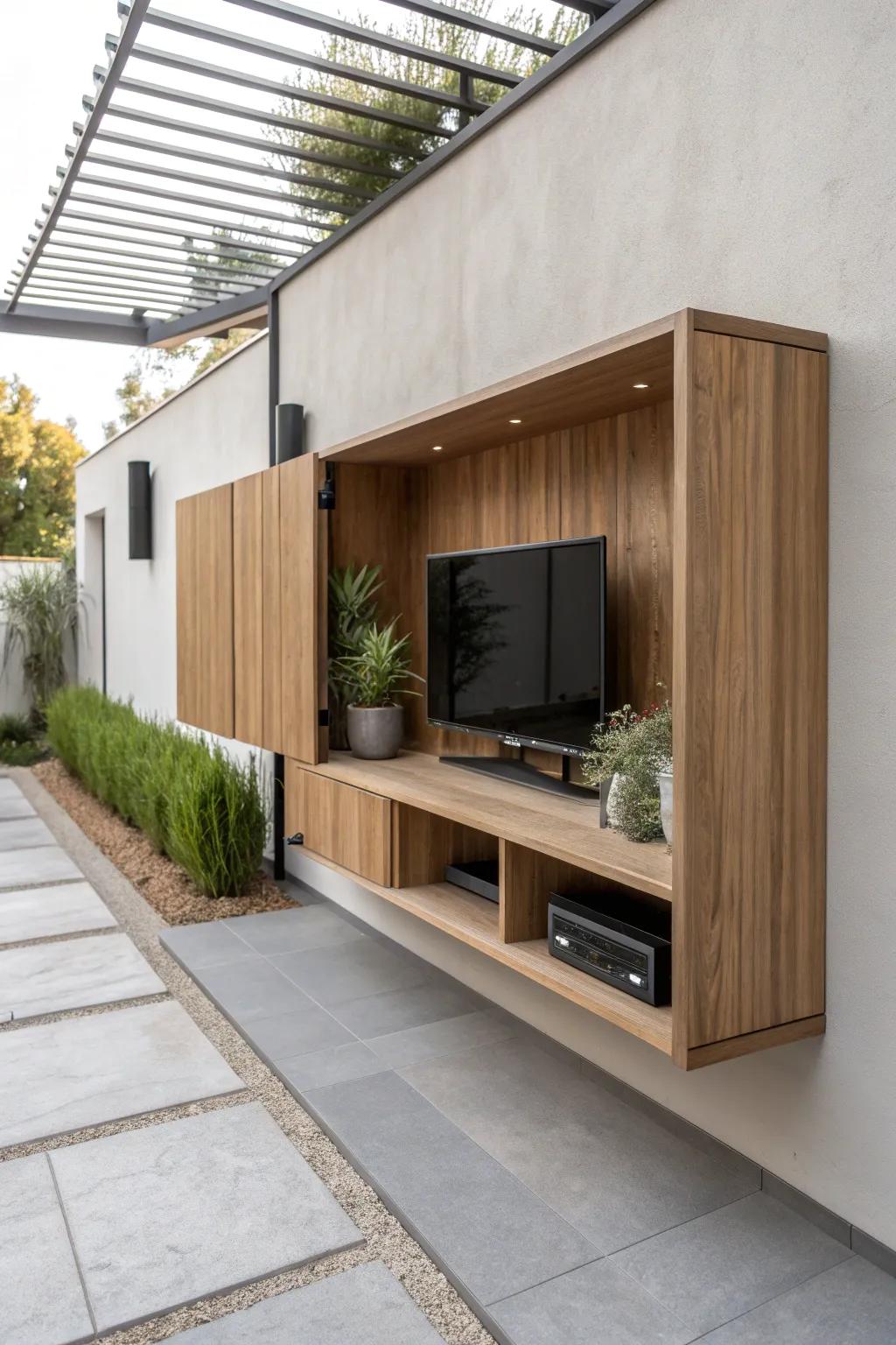 Elevate your outdoor entertainment with a minimalist floating shelf cabinet that combines style and function.