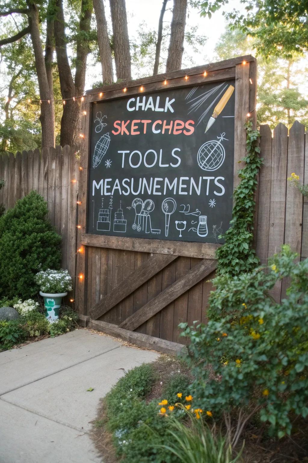 Unleash your creativity with an outdoor chalkboard wall - a perfect blend of function and fun for your workshop.
