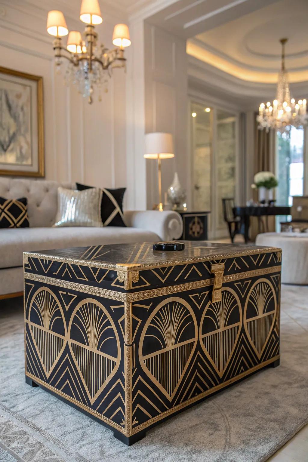 Art Deco glamour with geometric gold patterns.