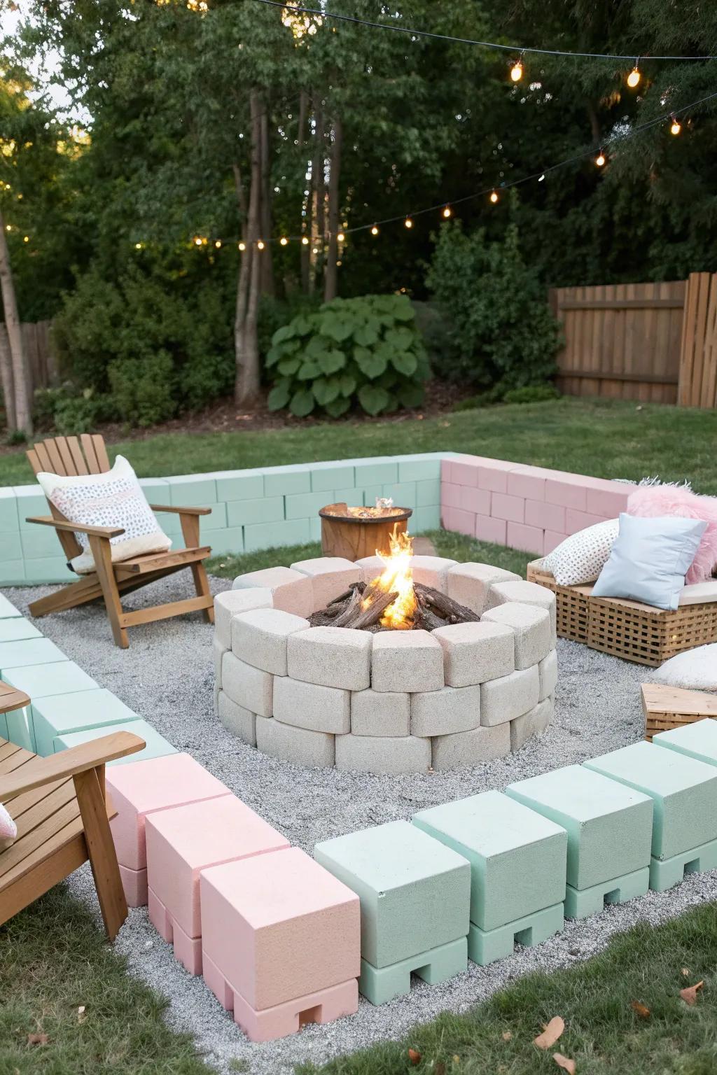 Transform your fire pit area with a touch of color and style using painted cinder blocks. Perfect for cozy, chic evenings!