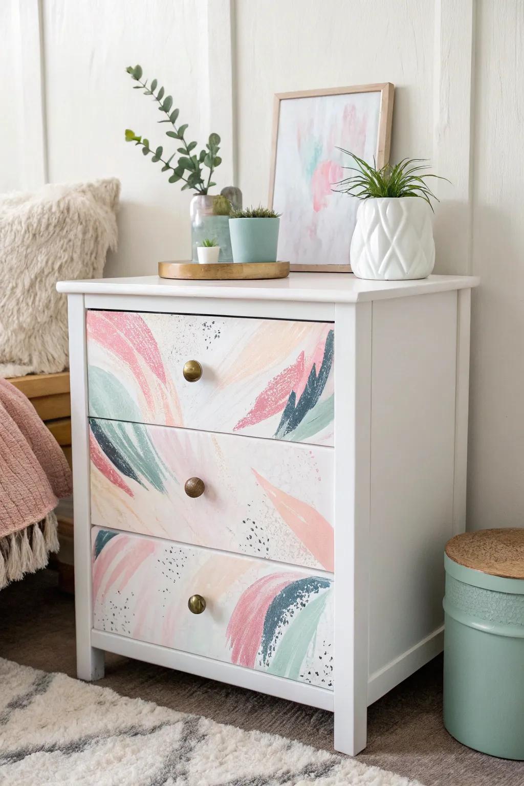 Transform your space with an artistic touch—this painted nightstand blends abstract art with minimalist elegance.