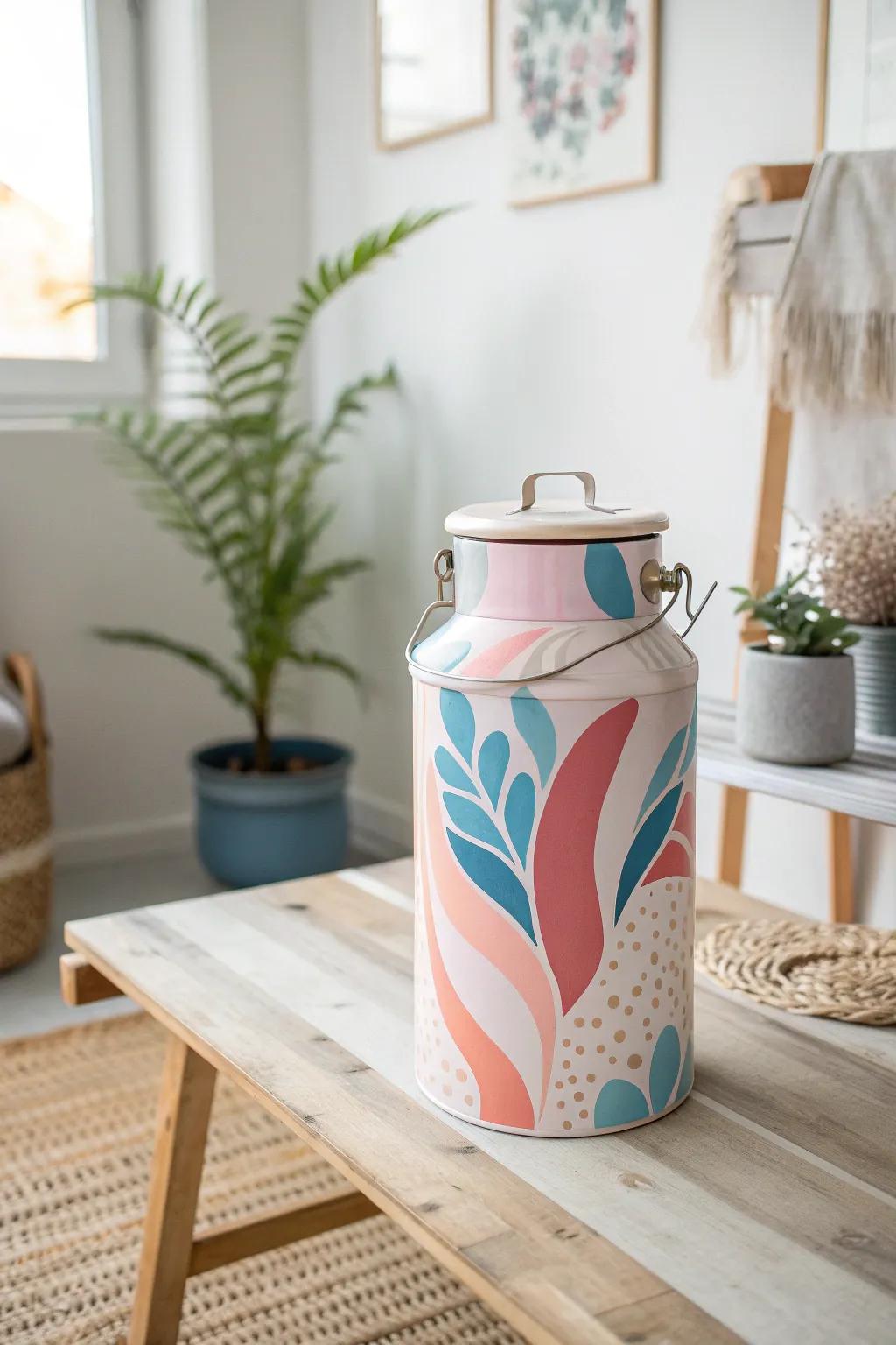 Transform tradition into contemporary art with this stunning abstract painted milk can. A perfect blend of Scandinavian minimalism and Boho charm!