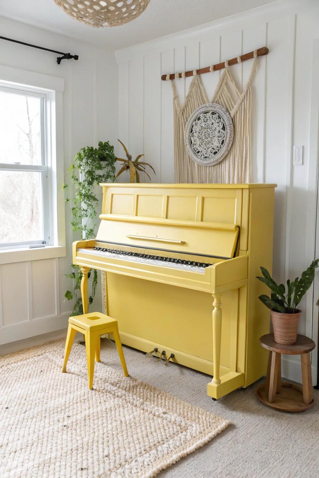 Infuse your space with joy: this sunshine yellow piano transforms any room with its cheerful glow.