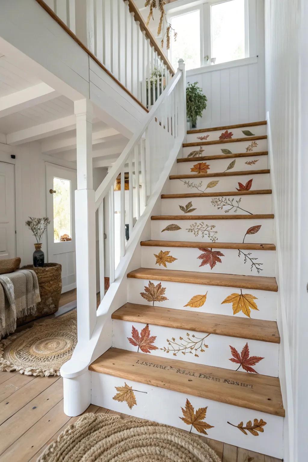 Elevate your home with seasonal charm: Hand-painted autumn leaves bring your staircase to life!