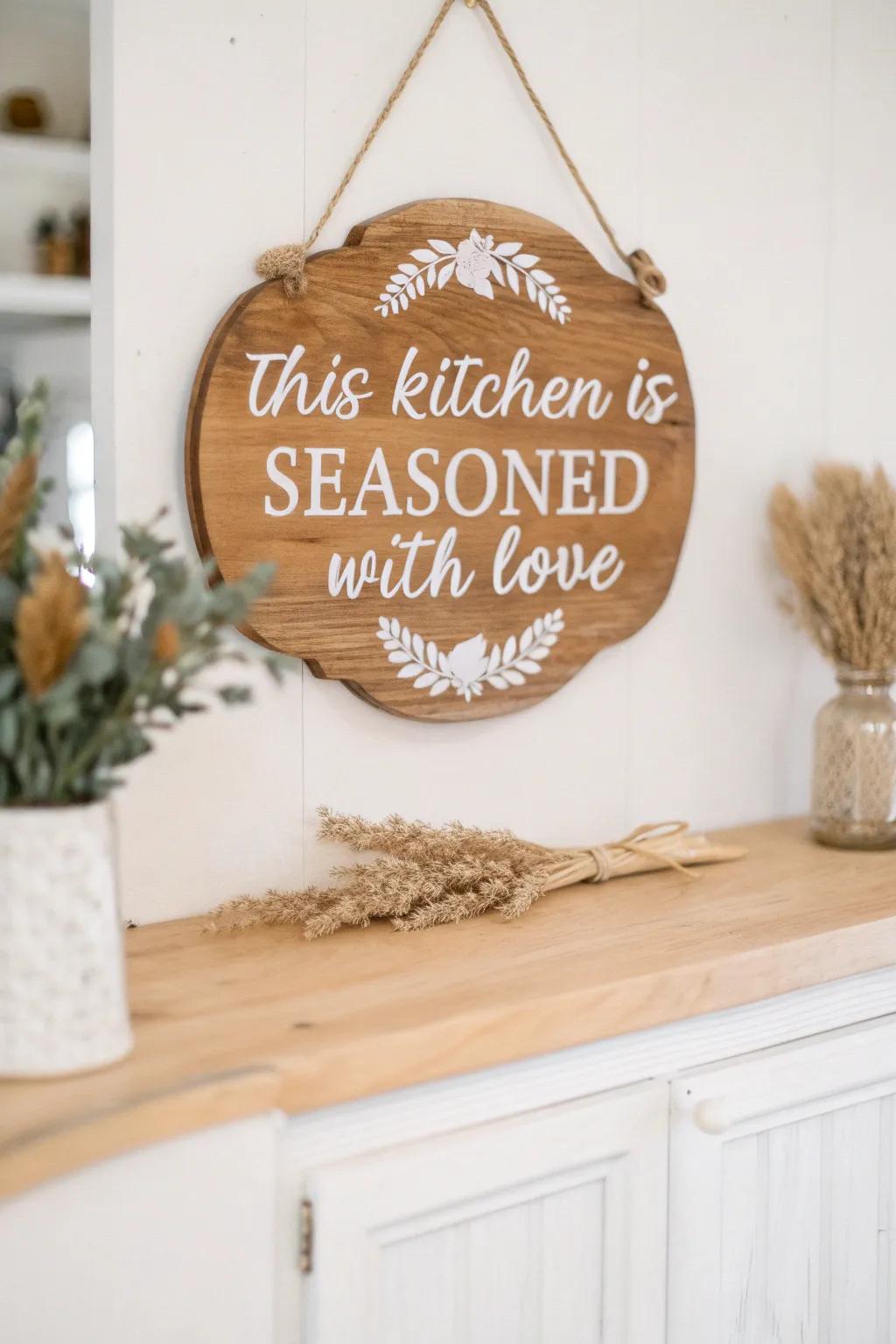 Add a touch of love and elegance to your culinary space with this charming wooden kitchen sign.