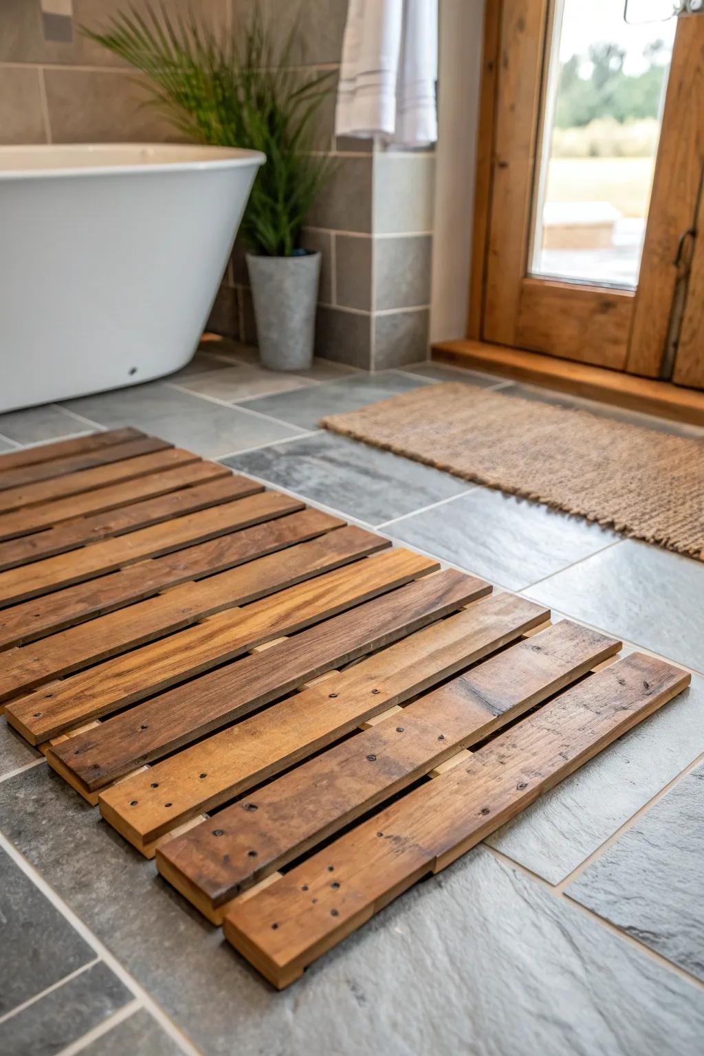 Elevate your bathroom with a rustic pallet floor mat—where style meets sustainability.