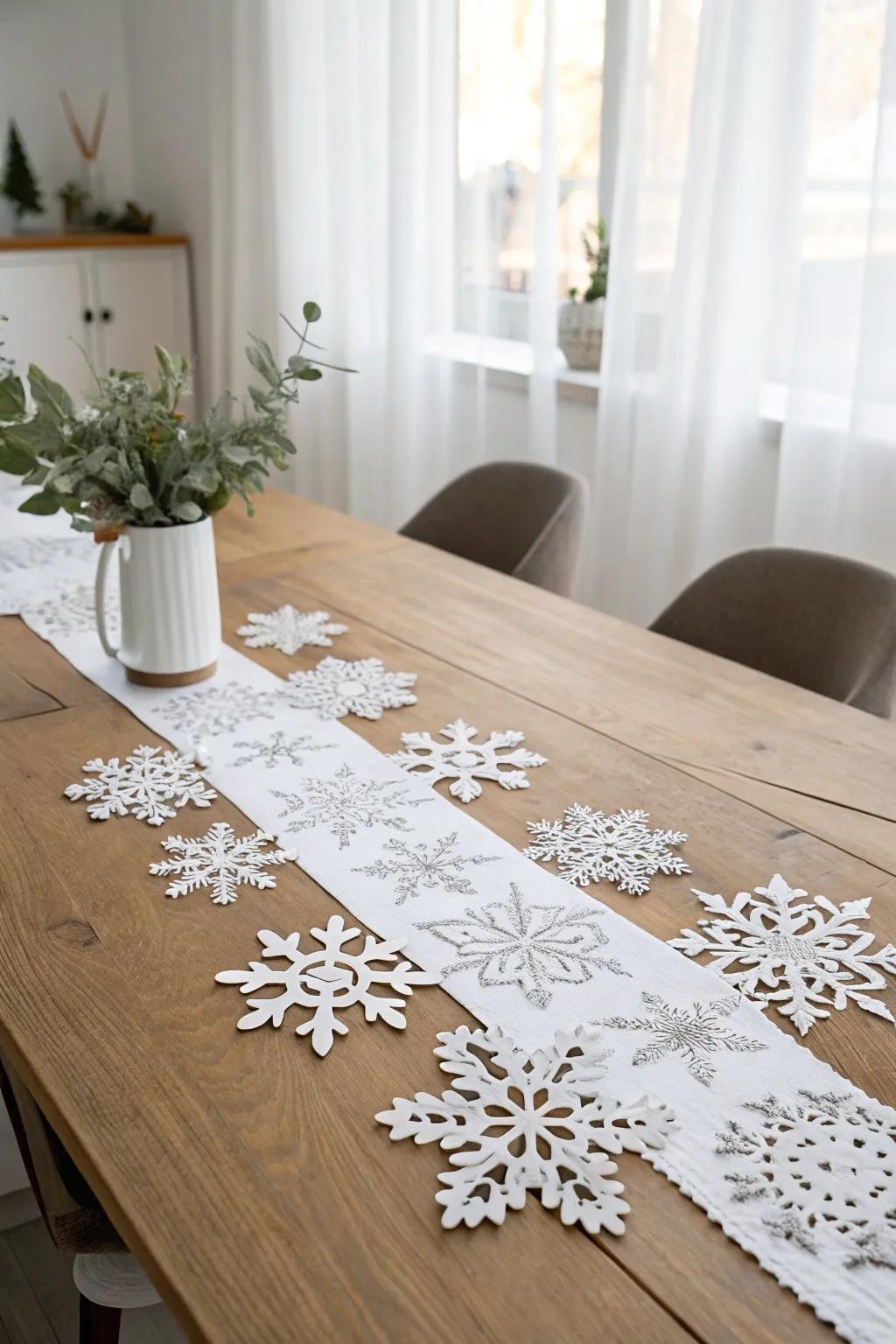 Elevate your dining experience with a handcrafted snowflake table runner, capturing the essence of minimalist elegance.