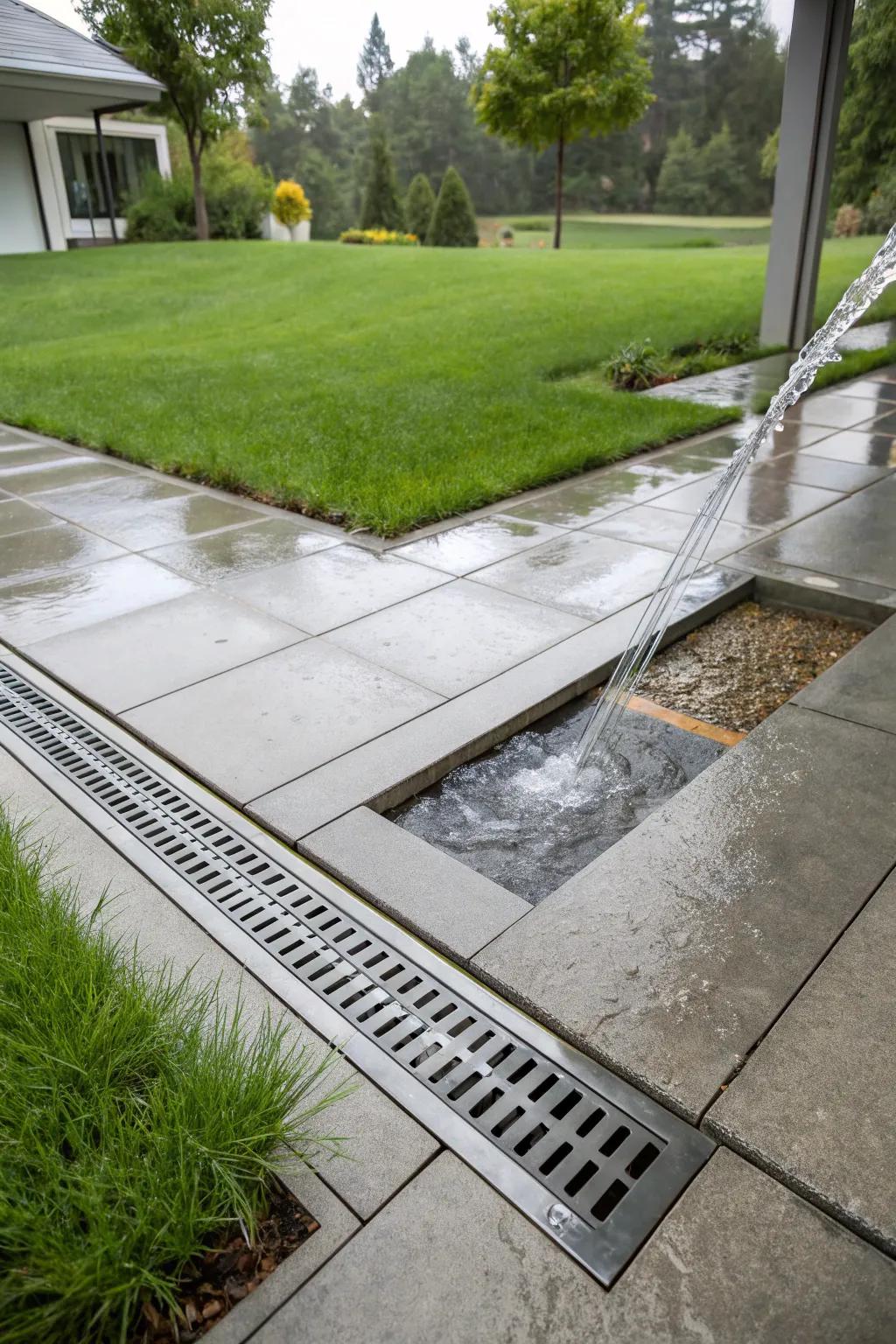 Effortless elegance: This modern yard drain keeps your patio pristine and flood-free.