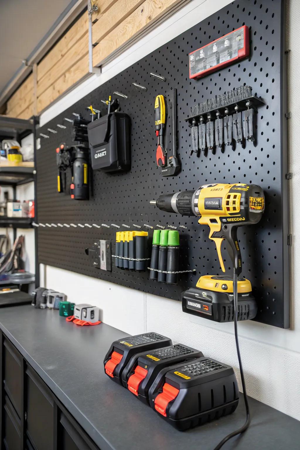 Streamline your garage: A pegboard charging station for all your power tools.