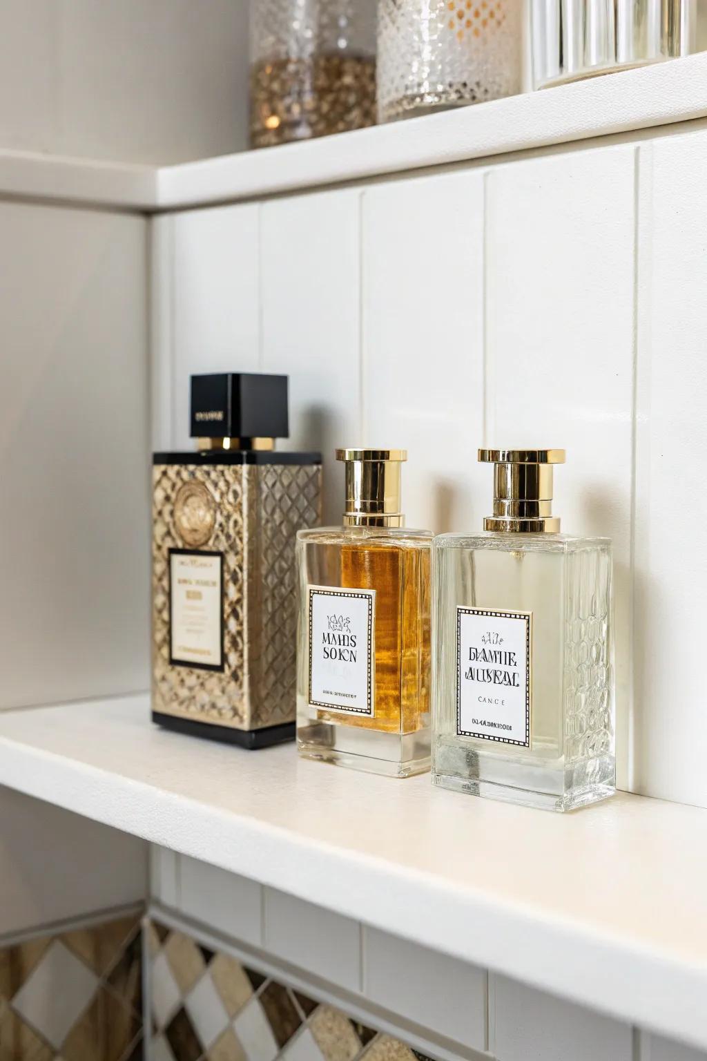 A minimalist display highlights the elegance of each perfume bottle.
