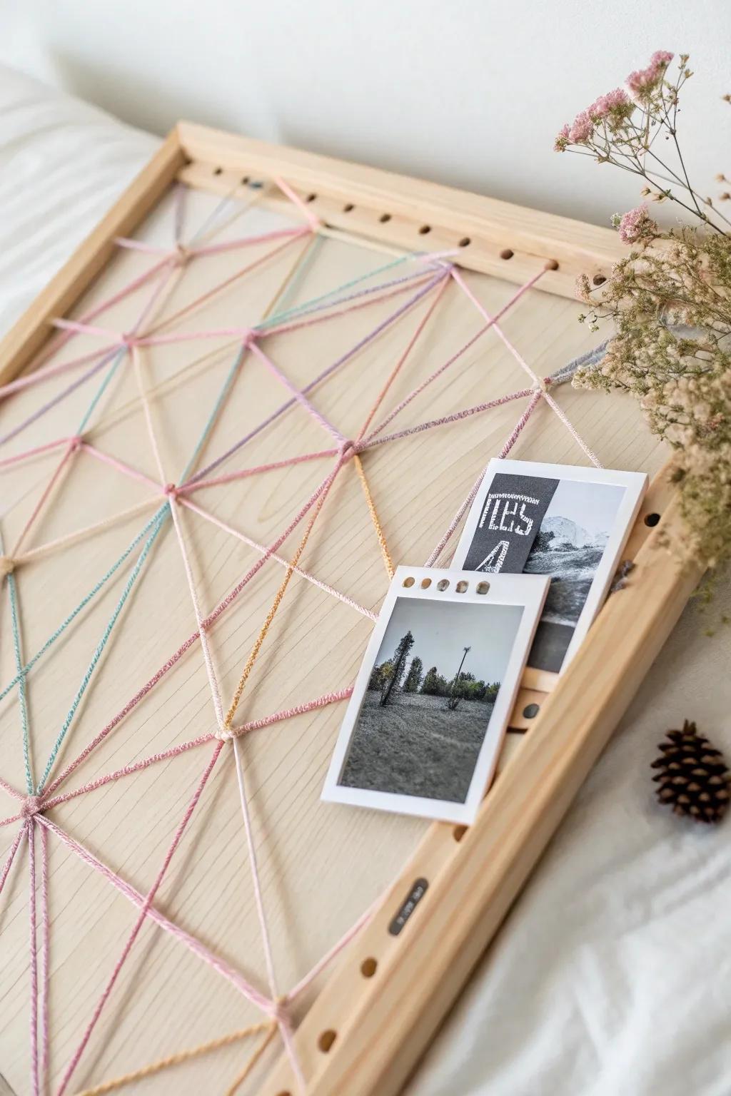 Elevate your photo display with minimalist geometric string art, where simplicity meets artistic flair.