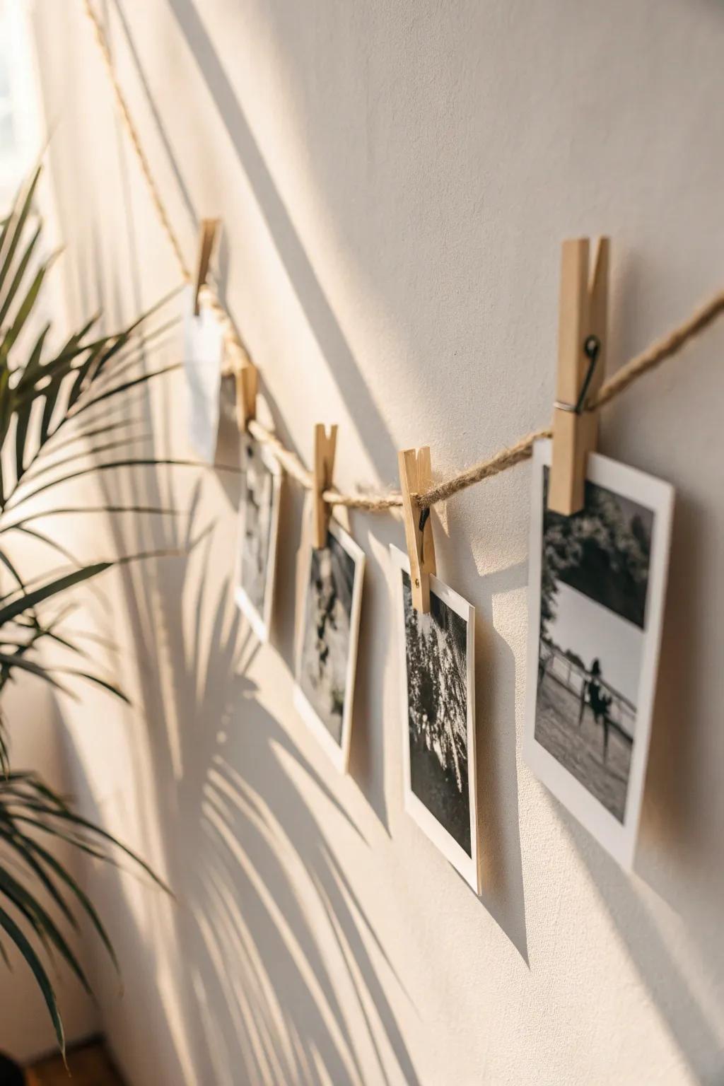 Embrace simplicity with a chic photo collage using strings and clips for a touch of natural elegance.