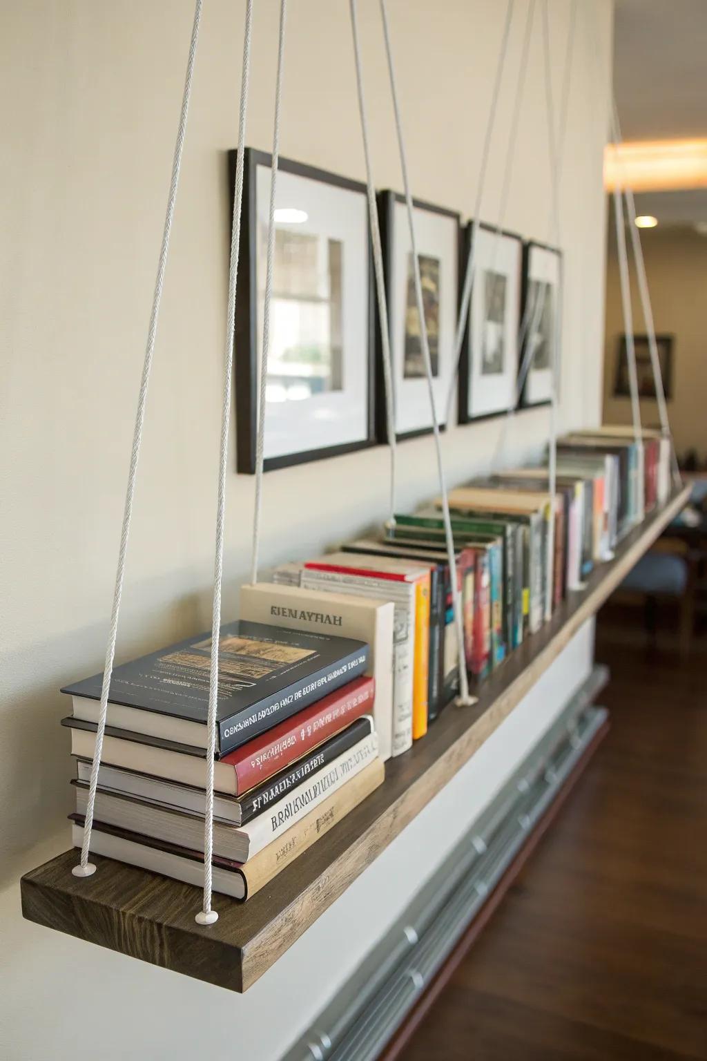 A picture ledge as a floating bookshelf maximizes space.