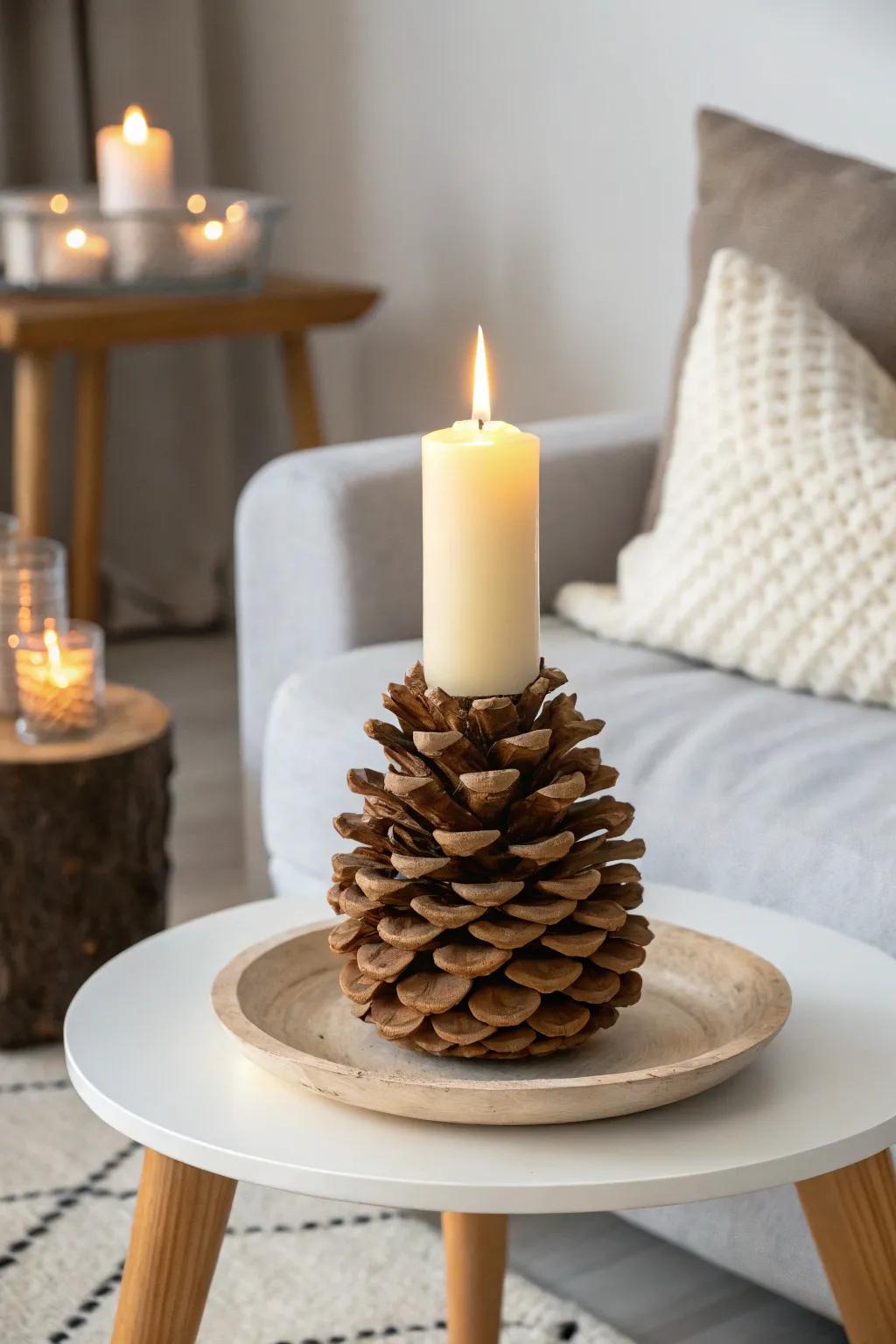 Embrace cozy elegance with a pine cone candle holder that radiates natural beauty.