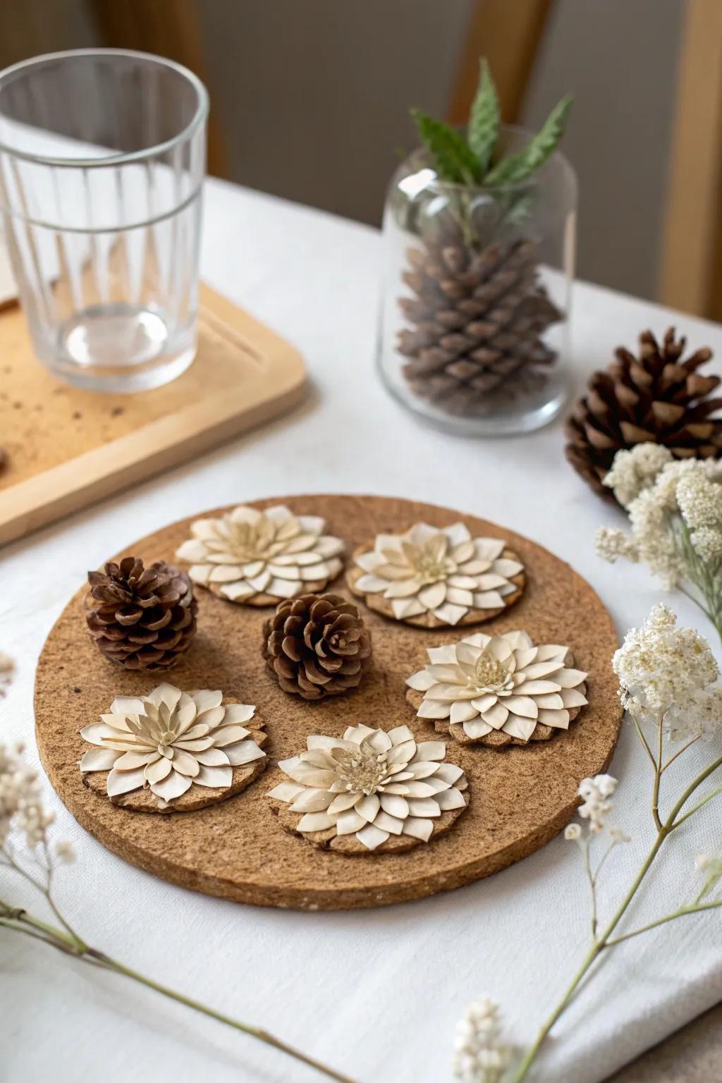 Elevate your table setting with the rustic charm of pinecone flower coasters, where art meets functionality.