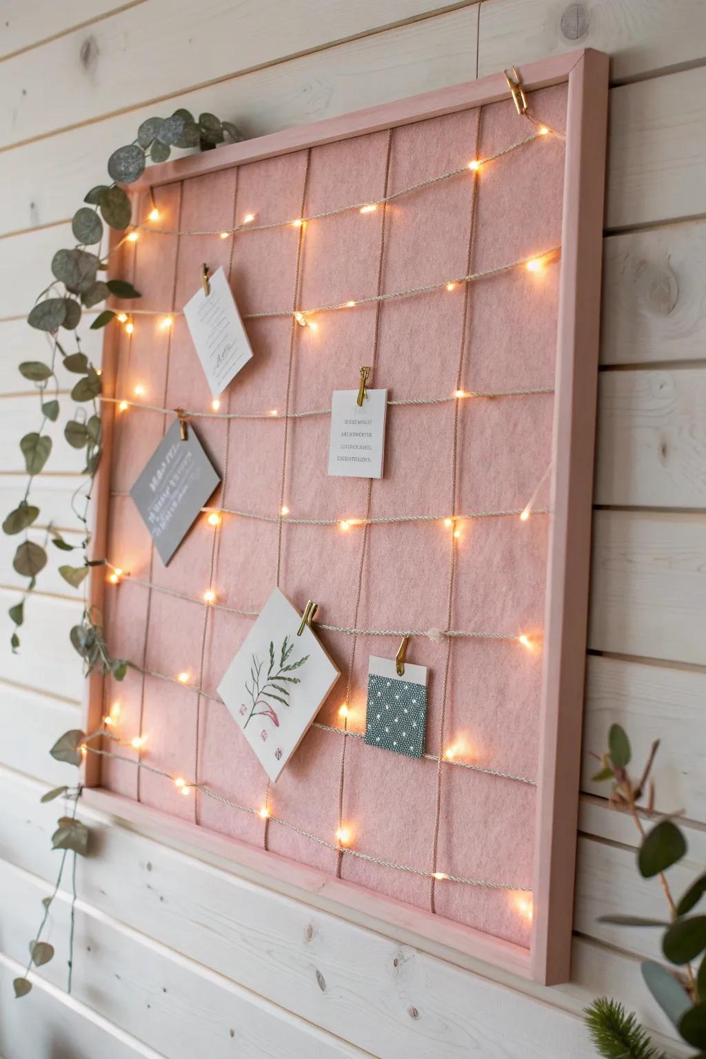 Illuminate your creativity with the cozy charm of fairy lights on a minimalist pink bulletin board.