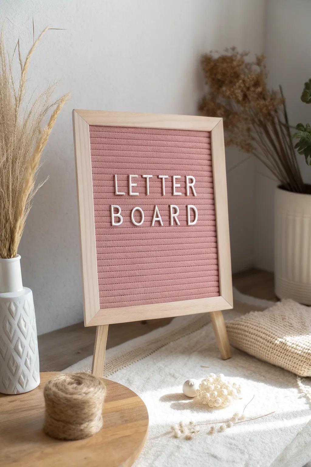Add a touch of charm and positivity to your space with this beautiful pink felt letter board. Perfect for your favorite quotes!