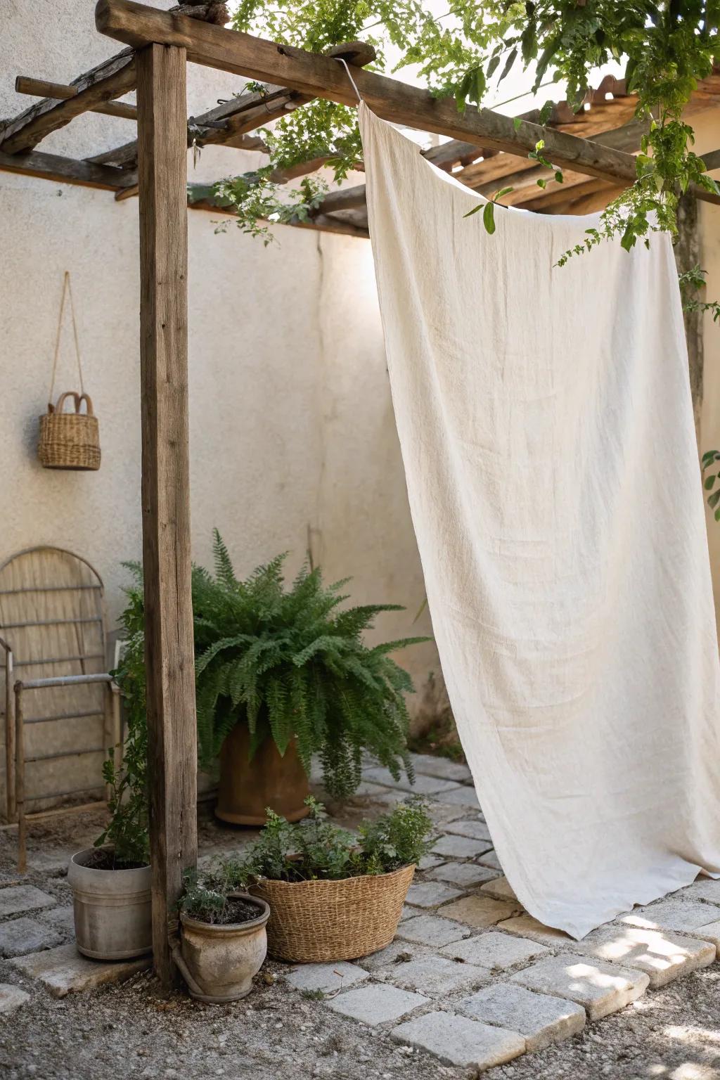 Transform your garden with a touch of elegance using repurposed linens for shade.
