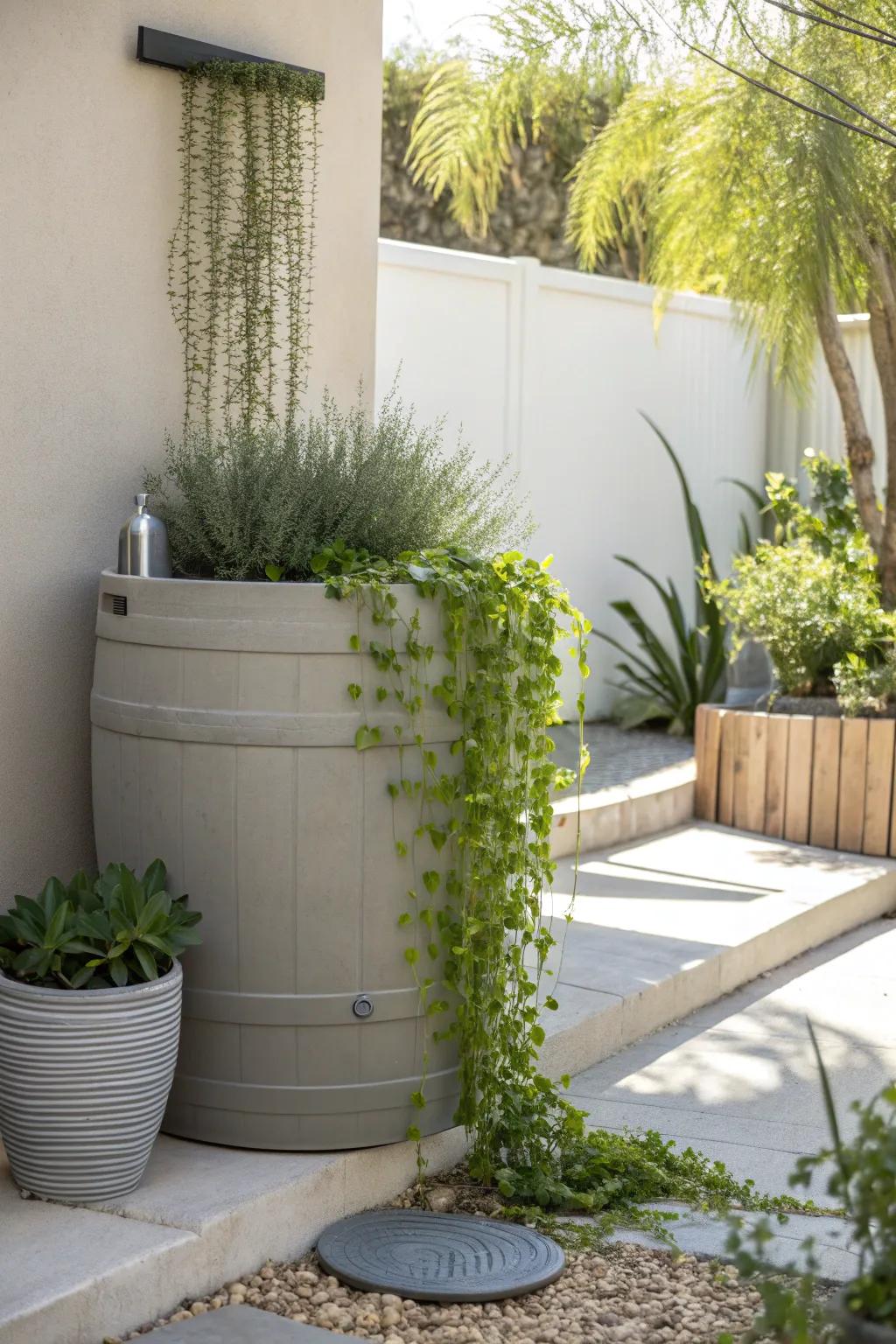 Create a whimsical garden scene with a flowing fountain of greenery.
