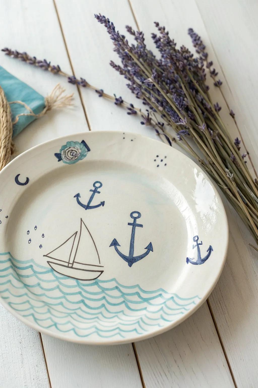 Sail away into serenity with this handcrafted nautical-themed plate, where minimalist design meets coastal elegance.